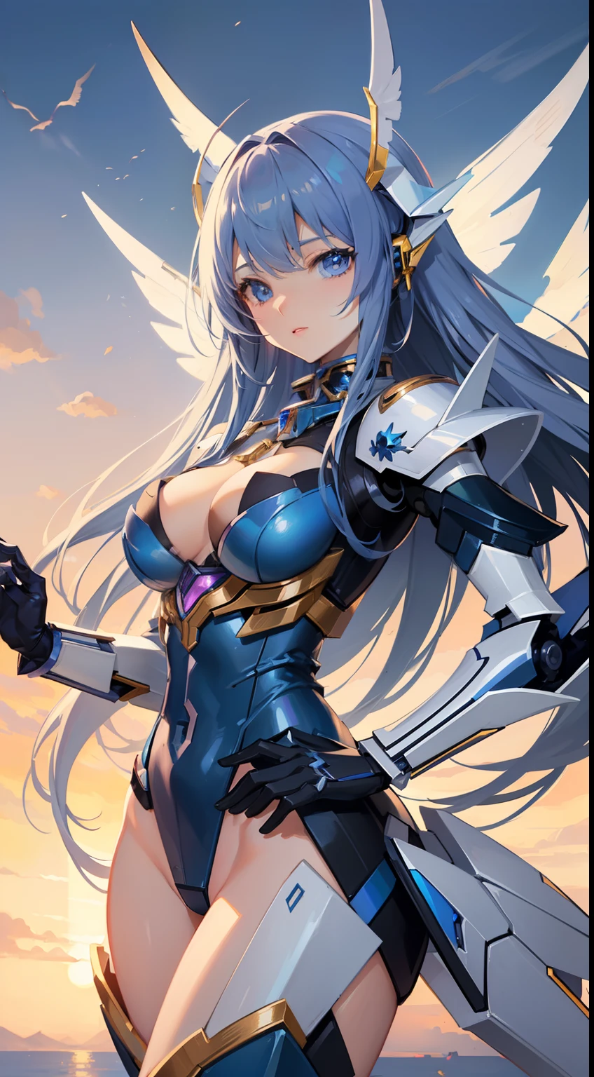 ((8K))、((32K))、((top-quality))、((​masterpiece))、((超A high resolution))、((T-Mastepiece))、detailed skin textures、Detailed Cloth Texture、Detailed metal texture、((beautifull detailed face))、Raw photo、proffesional、Ultra-fine painting、((独奏))、((Woman dressed as Mecha Angel))、beutiful breast、concept-art、anime fantasy artwork、detailed fantasy art、Anime character with pale blue-violet hair and big white wings、(((Twin-tailed)))、(mechs:1.6)Sleek and menacing design、((Total Commander's Armament))、Pure white and blue-violet armor、symmetrical wings、8k high quality detailed art、3D rendering of character art in 8K、defined legs、Defined Arm、defined fingers、NSFW