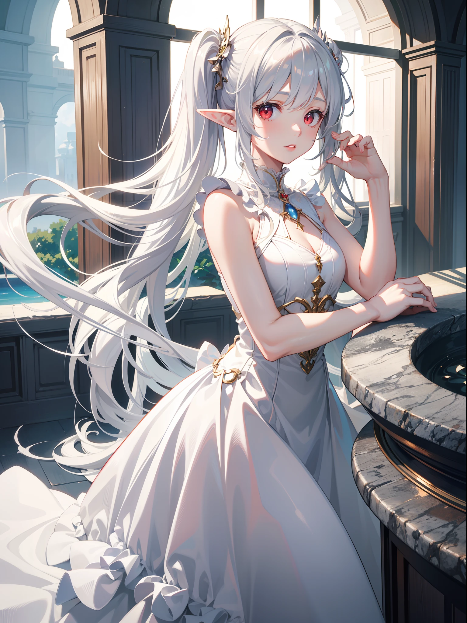 Masterpiece, Best Quality, Beautiful Lighting, Photorealism, Natural Environment, Silver Hair Twin Tails, White Skin, Red Eyes, Sleeveless, Fairy, White Dress, Elf, Perfect Hand