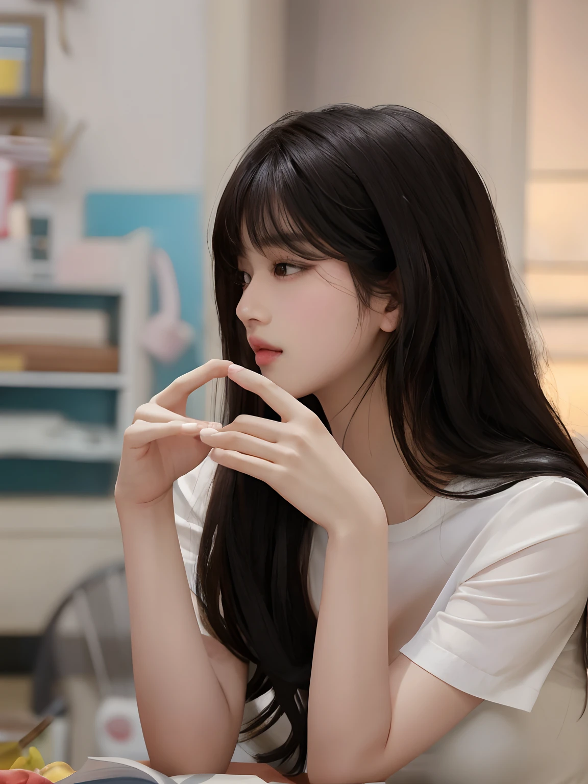 there is a woman sitting at a table with a book, bae suzy, she has black hair with bangs, cute korean actress, kim doyoung, jinyoung shin, with bangs, ulzzang, jaeyeon nam, jisoo from blackpink, portrait jisoo blackpink, long black hair with bangs, sideways glance, she has a cute expressive face, long hair with bangs, Best picture quality, masterpiece, ultra high resolution, 8k, cleavage, big boobs, bust detail, hair detail, eye detail, sharp eyes, thin smile, professional lighting