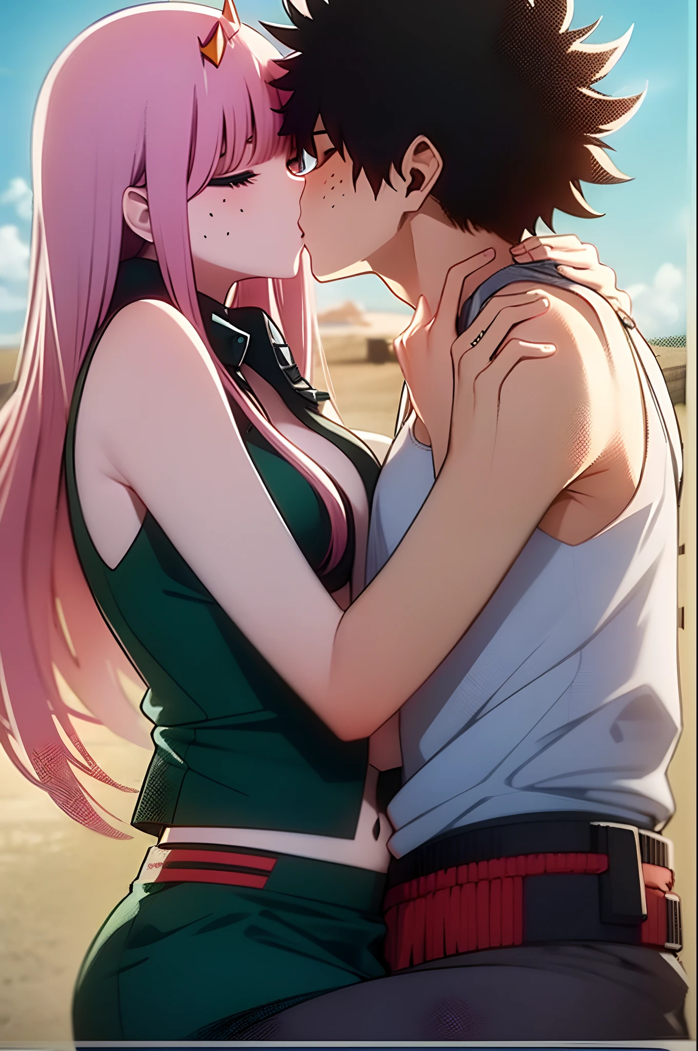 zero two, 1girl, zero two naked_shirt,vest_print:, izuku from bnha, izuku and zero two being a lovey dovey couple very affective in a beach, izuku with pants and pullover, love , happy, ,1girl,, ,sitting, standing, french kiss, kissing, 1boy, couple, husband and wife, happy, romantic kiss, passionated kiss, hug, pregnan zero two