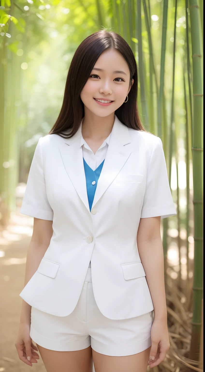 A smiling girl,While wearing a white Business suits,Super short blue denim shorts,Standing in a bamboo forest,com rosto detalhado,The eyes are delicate,The photo quality is the best,Realistic image quality,Background diffuse lighting,Depth of field display。