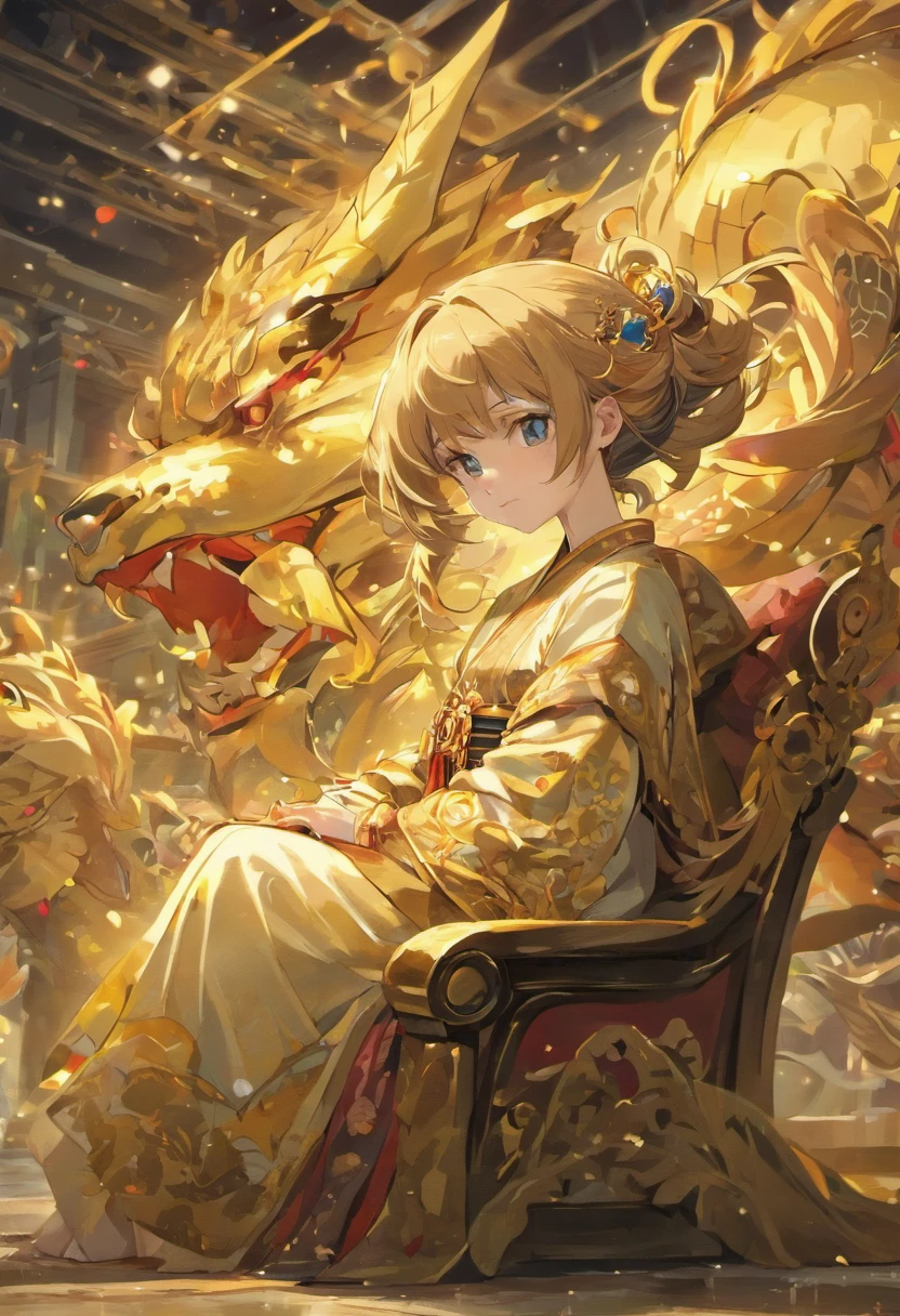 (Perfect details: 1.5, 8K wallpaper, masterpiece, best quality, ultra-detailed) A man, emperor, delicate facial features, Asian face, short black hair, fine hair, tied hair, golden silk embroidered dragon robe, Hanfu, sitting on a dragon chair, hands on the head, palace background, ancient golden emperor crown