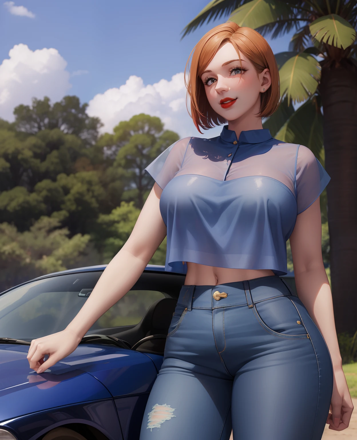 Girl, smile, red lips, big nose, big tits, short hair, fair skin, sexy body, blue clothes colors, blue pants colors, beautiful girl, in outdoor, sexy pose, eleganr pose, realistic