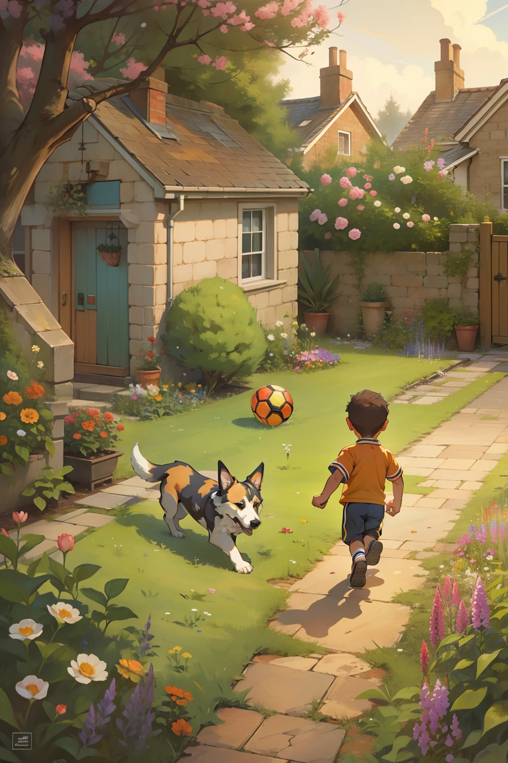 a dog runs back to a boy with the ball but drops it, a garden beside the house