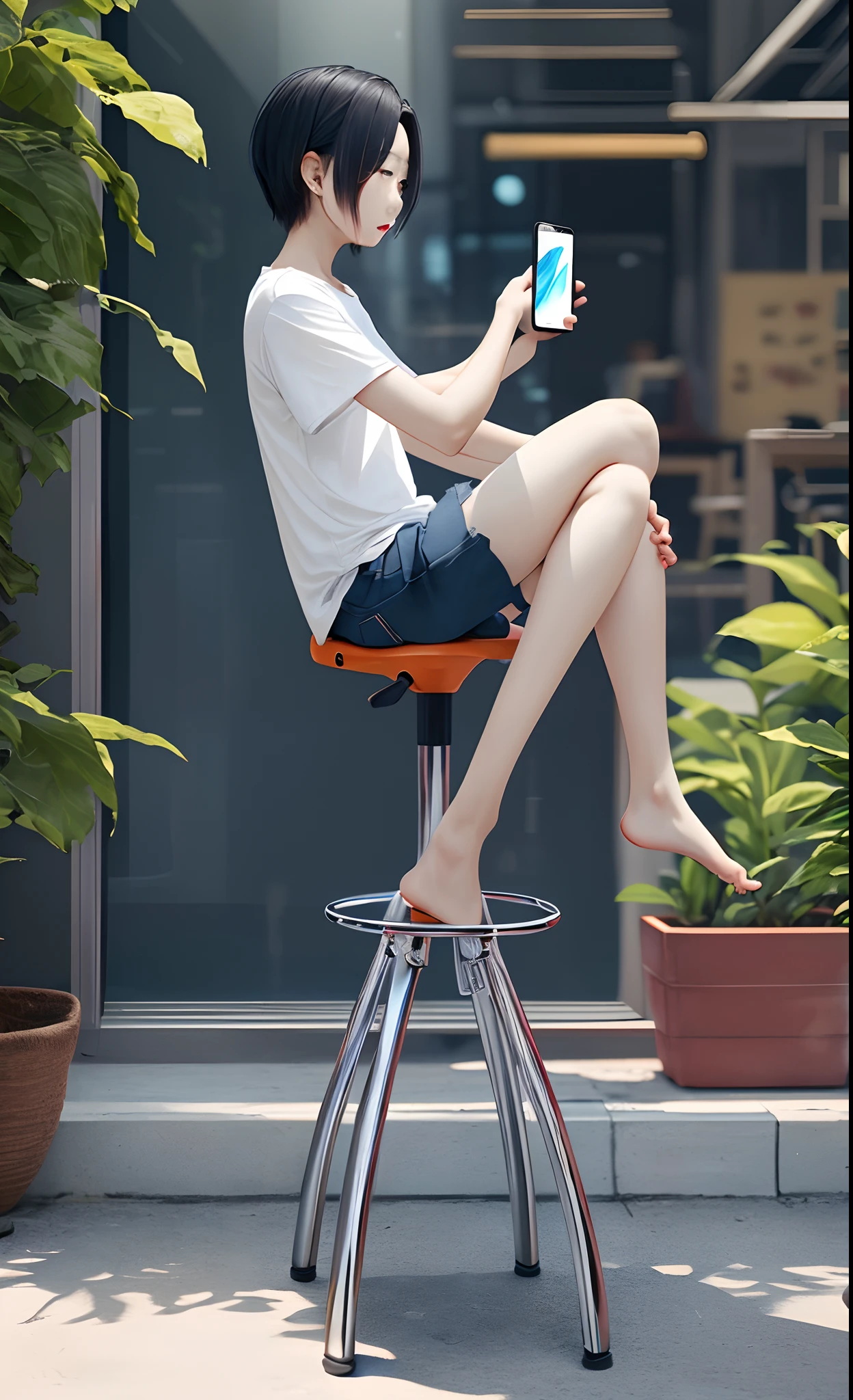 A boy in the windows, sitting on chair  , holding an iPhone in his hand, (holding an iPhone: 1.5), an iPhone, the man is wearing a white T-shirt in the background t shirts one piece , sitting on a stool. The lens mainly features the upper body, in the Loepfe Art style ((Xinhaicheng), popular in CGStation, Shinkaicheng H 2160, inspired by Bian Shoumin, Xinhaicheng, Kavassi, Guwitz style, high quality, 4K, 8K, resolution, -auto-s2
