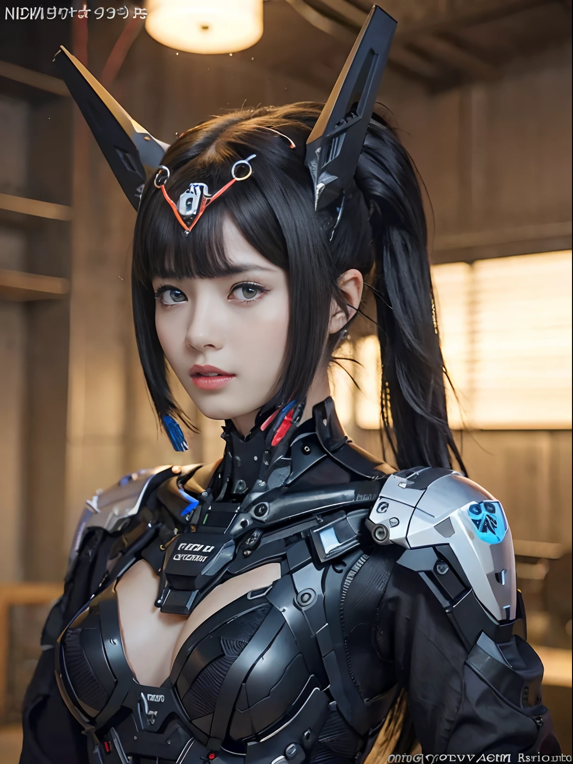 (Fight against mechanical robot soldiers)、top-quality、masterpiece、超A high resolution、(sexypose),(Wearing a futuristic sun visor)、(Photorealsitic:1.4)、Raw photo、1人、Black hair、glowy skin、((1 Mechanical Girl))、((super realistic details))、portlate、(Small LED lamp)、Wire tubes that glow all over the body、(With state-of-the-art weapons),globalillumination、Shadow、octan render、8K、Armpit、ultrasharp、Colossal tits、Small LED lamp、Raw skin is exposed in cleavage、metals、blood vessels connected to tubes、With weapons、Red bodysuit、Armpit、Cyberpunk city background、Details of complex ornaments、Japan details、highly intricate detail、Realistic light、CGSoation Trends、Blue eyes、radiant eyes、Facing the camera、neon details、(Helmet of the Brave)、Mechanical limbs、blood vessels connected to tubes、Mechanical vertebrae attached to the back、mechanical cervical attaching to neck、Wires and cables connecting to the head、Gundam、Small LED lamp、Toostock、Toostock、Futuristic machine gun、Knives、