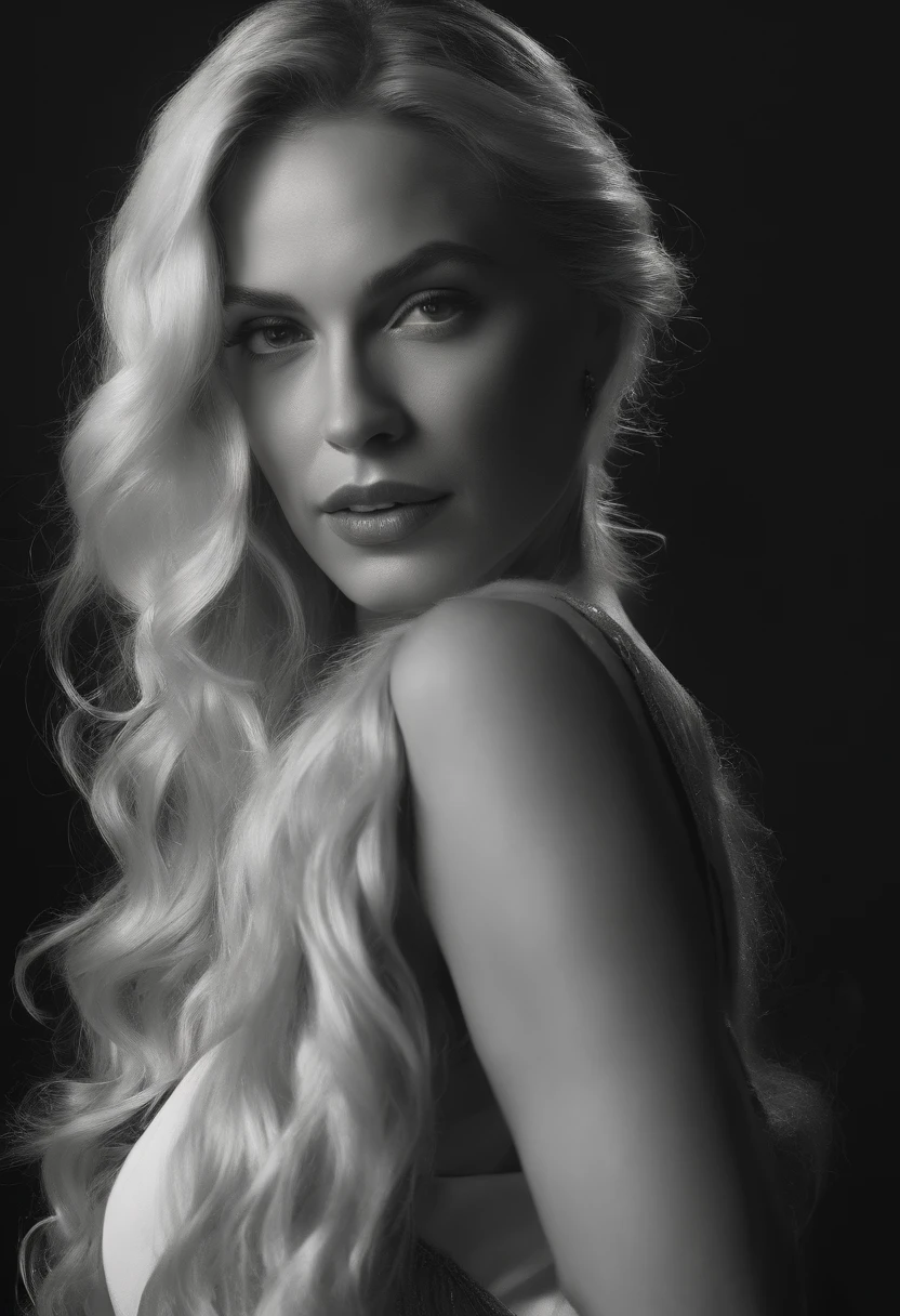 (front focus), (in the dark:1.6), Hyperrealist portrait of female, 35 to 40 years old, by david hockney and alphonse mucha, fantasy art, photo realistic, dynamic lighting, artstation, poster, volumetric lighting, very detailed faces, 4 k, award winning, 1girl, in the dark, deep shadow, low key, cowboy shot, (sexy outfit), long hair, white hair