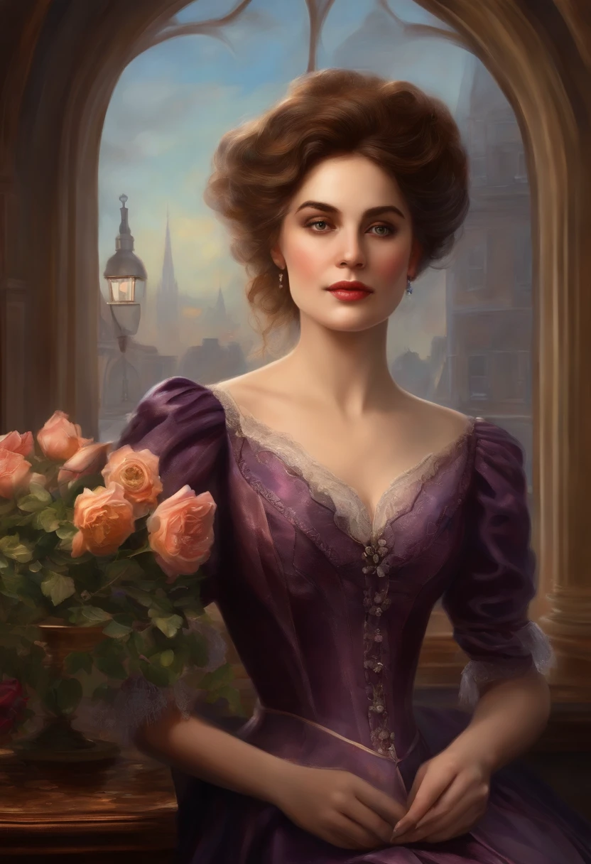 Create a stunning 4K ultra-detailed painting of a beautiful Victorian-era woman in a city from 1900. The scene should be a masterful piece with volumetric lighting that breaks through the atmosphere. Ensure dynamic compositions with a plethora of colors, including iridescent shades that make the light glow. Capture the magical and dreamy atmosphere of a Victorian-style water painting with an emphasis on atmospheric lighting.