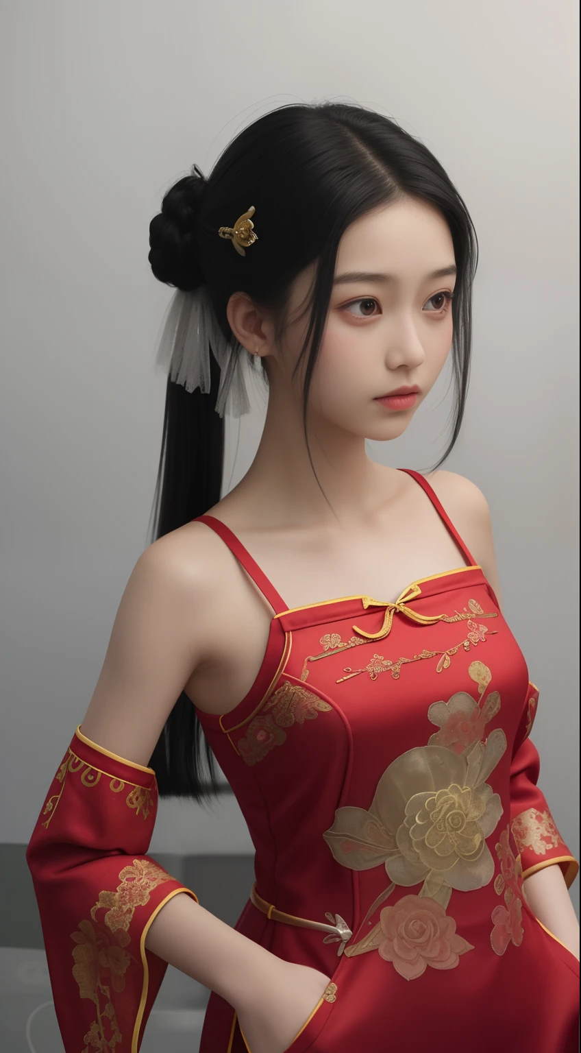 best qualtiy, hyper-high detail,Overlooking,Full body like,12year old girl,Refined face,Coiled hair,Hairpins,Hairpins,pretty face,Skin reflection,Red cheongsam,slimfigure,Shy,Smaller bust,cropped shoulders,Optimal body curves,High split end