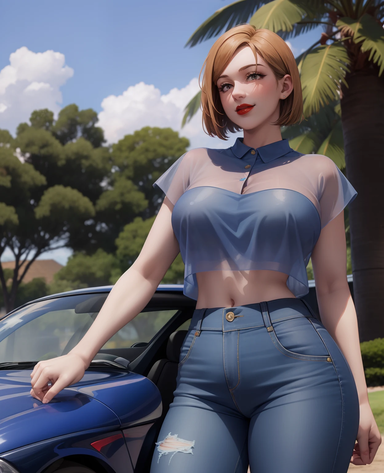 Girl, smile, red lips, big nose, big tits, short hair, fair skin, sexy body, blue clothes colors, blue pants colors, beautiful girl, in outdoor, sexy pose, eleganr pose, realistic
