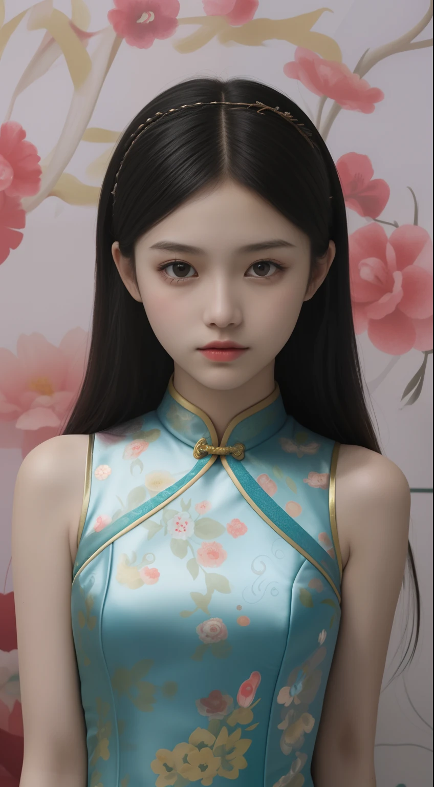 best qualtiy, hyper-high detail，Overlooking，Full body like，ar old l，Refined face，Coiled hair，Hairpins，Hairpins，pretty  face，Skin reflection，Red cheongsam，slimfigure，Shy，Smaller bust，cropped shoulders，Optimal body curves，High split end