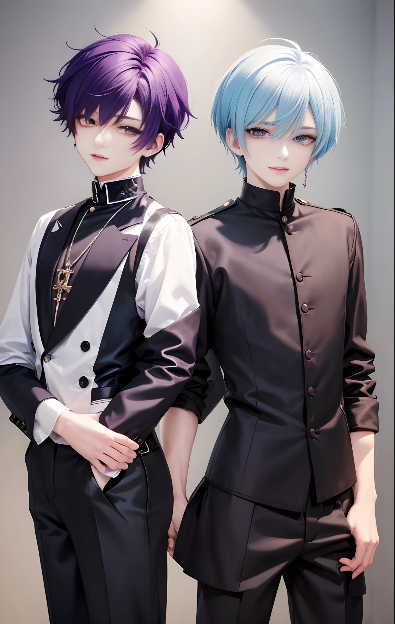 masterpiece, top-quality, 2Others, Male couple, 1 man and 1,, Adults, Height difference, different fashion, different color, finely eye and detailed face, intricate detailes, Naked, Casual clothing, white backgrounid, A smile, Happiness, tenderness, queers, Boys Love, high-level image quality、 selfee, Two beautiful men、tall、The upper part of the body、nightfall、nighttime scene、𝓡𝓸𝓶𝓪𝓷𝓽𝓲𝓬、Korean Male, Idol Photos, Model photo, k pop, Professional Photos, Vampires, Korean fashion with black pants and white Y-shirt, Fedoman with necklace, inspired by Sim Sa-jeong, androgynous vampire, :9 detailed face: 8, extra detailed face, detailed punk hair, ((eyes are brown)) baggy eyes, Seductive. Highly detailed, semi realistic anime, Vampires, hyperrealistic , delicate androgynous prince, imvu, short hair above the ears, Man with short hair, With a purple-haired man with a wild expression, Man with light blue hair with gentle expression, ((With a short-haired man with bright purple hair)), ((Man with light blue hair)), Take off your shirt and pose
