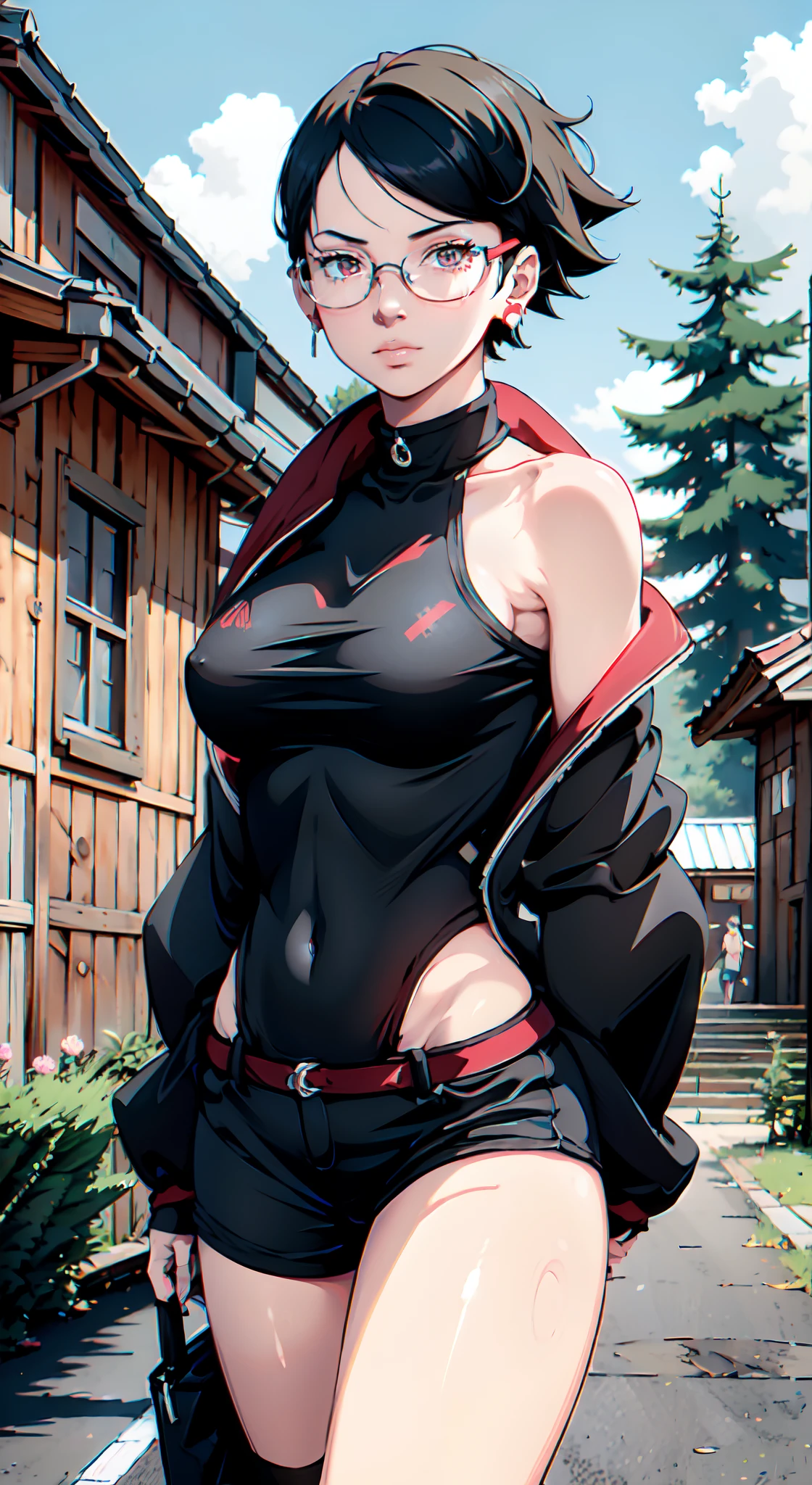 Bild von Sarada Uchiha mit aktiviertem Sharingan, Wear a very tight croptop. Sehr Kurze skinny shorts,Create a detailed depiction of Sarada Uchiha in a dark and stormy environment, mit Strahlen, die die Landschaft erhellen. Heben Sie Saradas entschlossenen Gesichtsausdruck hervor,  Add shading, um dem Bild Tiefe und Realismus zu verleihen, Filmische Details, hiperdetalhados, Wahnsinnig,  Beautifully colored, Unreal-Engine, DOF, Super-Resolution, Megapixel, Kinematographische Beleuchtung, Antialiasing, FKAA, TXAA, RTX, SSAO, Nachbearbeitung, Postproduktion, Tone Mapping, ..cgi, VFX (Grafiken), Soundeffekte, wahnsinnig detailliert und kompliziert, Hyper-Perfektionist, Hyperrealistisch, volumático, fotorealistisch, ultra fotorreal |, Ultra-detailliert, Komplizierte Details, 8K, Super detailliert, Colouring, Volumetrische Beleuchtung, HDR, realistisch, Unreal-Engine, 16k, scharfer Fokus, Oktan-Rendering,middle large boobs,big ass,sexy,NSFW