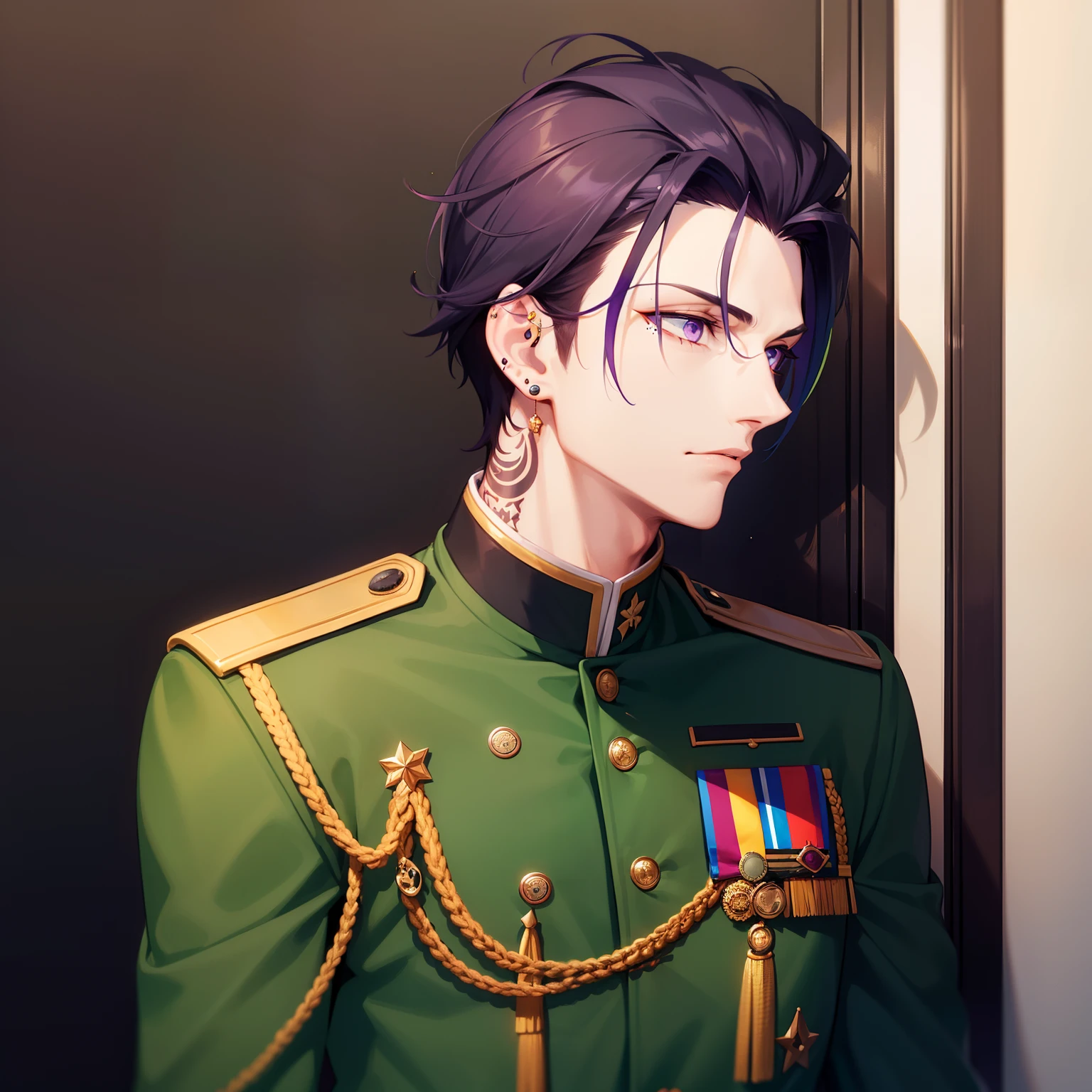 Man, guy, tall, dark brown hair, piercings, neck tattoo, mole on cheek, green military uniform, military uniform, multiple colored hair, purple eyes