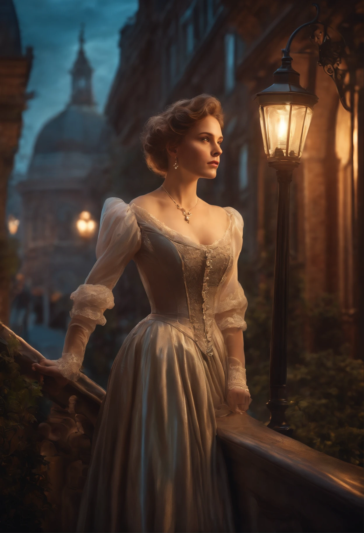 Sophia Lillis, plump body, long braided hair, fantasy city, fantasy picture, translucent clothes, bare feet