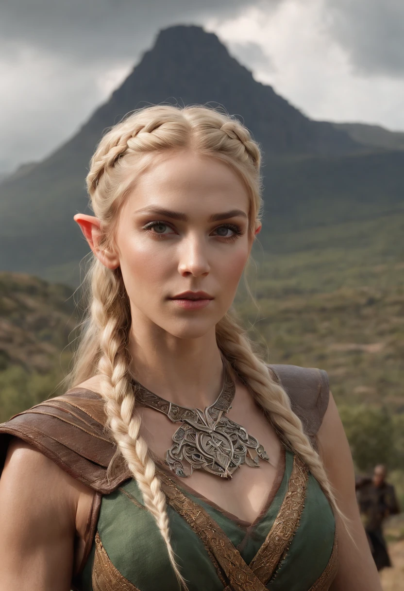 (master part, Realistic portrait:1.3), (Stunning depiction of an elven warrior with a Viking-inspired appearance:1.2), (extremamente bem definido, musculoso, and female physique:1.3), (blonde hair adorned with multiple braids:1.3), (olhos verdes claros penetrantes emanando uma energia radiante:1.2), (grosso, Sobrancelhas meticulosamente moldadas:1.2), (symmetric, Beautiful, e rosto impecavelmente perfeito:1.1), (vestido com um traje de guerreiro, Embracing your body:1.1), (In the background, an active volcano rises high, commanding attention:1.1), (the grey sky giving a gloomy tone:1.1), (his expression conveying the utmost seriousness:1.1), (Full body illustration capturing the dominant presence of the elf:1.1), (a fusion of formidable strength and ethereal allure:1.1), (A work of art that encapsulates the intensity of a legendary warrior:1.1), (Meticulous attention to detail enhances the authenticity of the scene:1.1)), cinemactic, hiper-detalhado, detalhes insanos, Lindamente colorido, Motor irreal, DOF, Super-Resolution, Megapixel, cinematographic lightning, antialiasing, FKAA, TXAA, RTX, SSAO, Post processing, post - production, Mapeamento de tons, .cgi, VFX, SFX, Insanamente detalhado e intrincado, Hiper maximalista, hyper realistic, volumetric, fotorrealista, ultra fotorreal, ultra-detalhado, detalhes intrincados, super detalhado, Colorido, Volumetric lightning, HDR, Realistic, Motor irreal, 16k, foco nítido, octan render