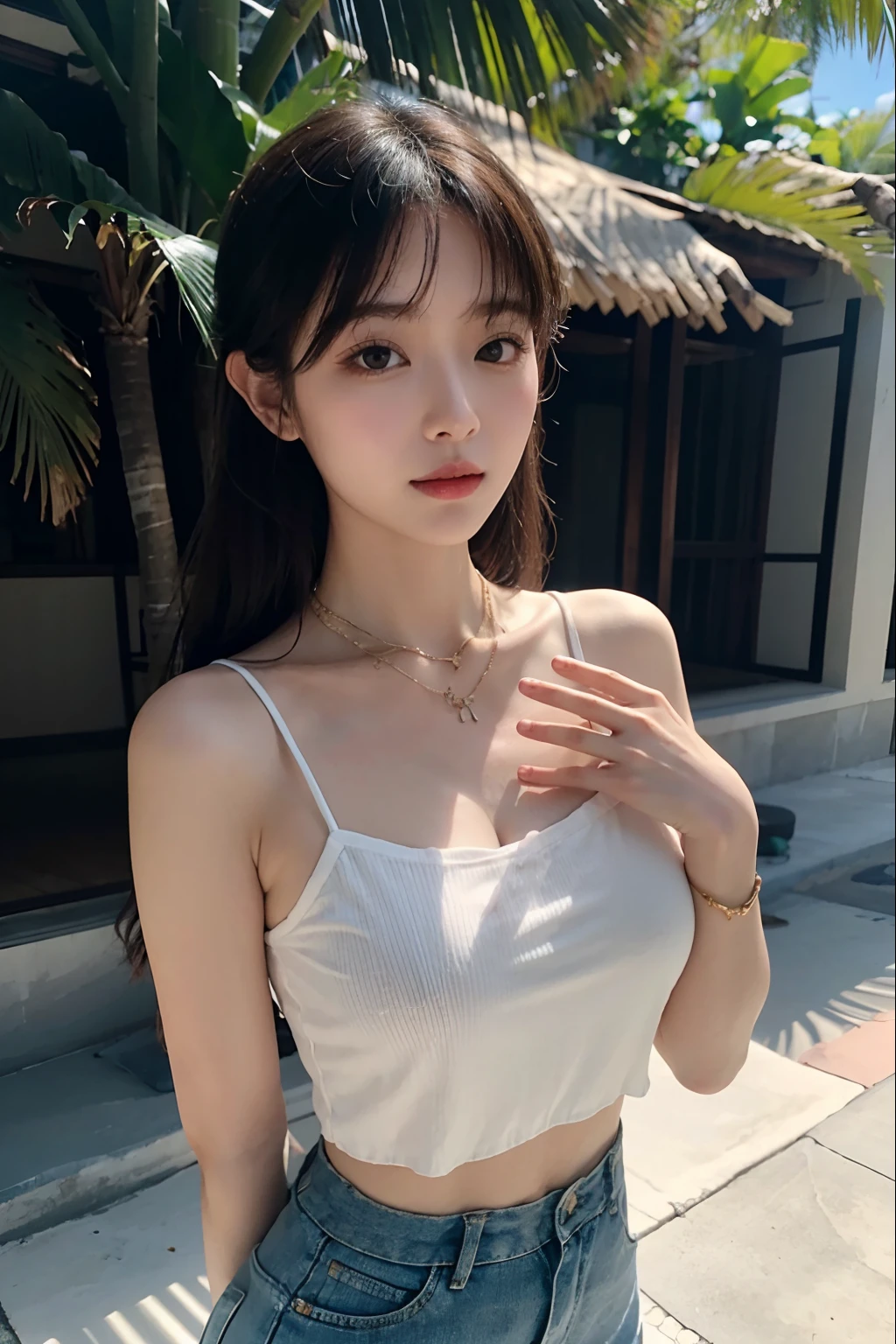 Best quality at best，Original，tmasterpiece，超高分辨率，Sweet girl，Draped with hair，Necklace necklace，camisole，medium boob，Hawaii，coconut palms，healed