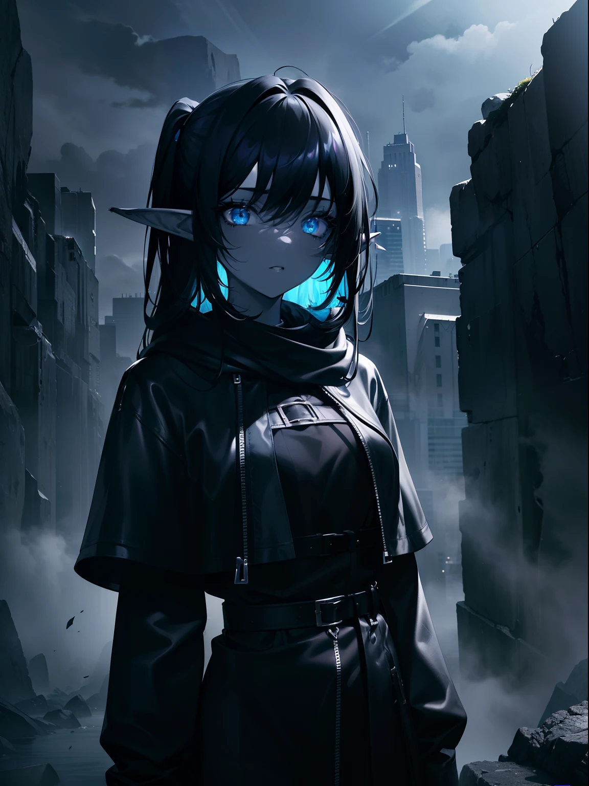 (Masterpiece, Best quality, ultra high resolution),1girl,dark black hair,elf ears,(colored skin,grey skin),rock punk fashion,night, fog, (grey and blue theme)