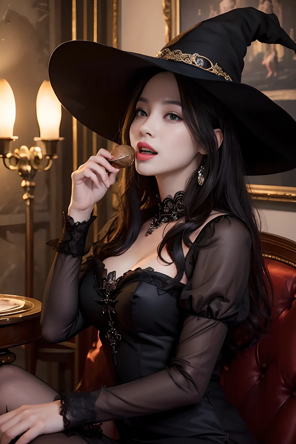 ((top-quality、​masterpiece、photographrealistic:1.4、in 8K))、Beautuful Women１a person、２1 year old、beautiful hairl、delicate and beautiful face、Eyes and faces with detailed 、Witch Dress、(sexypose:1.2)、A smile、Beautiful lighting、Textured skin、Super Detail、high detailing、High quality、hight resolution、（looking at the viewers）、Detailed mouth、witch's hat、high-heels、Black Dress、full body Esbian、the witch、Mystical Castle Room、Detailed mouth、Opening Mouth、Opening Mouth、luxury black dress、