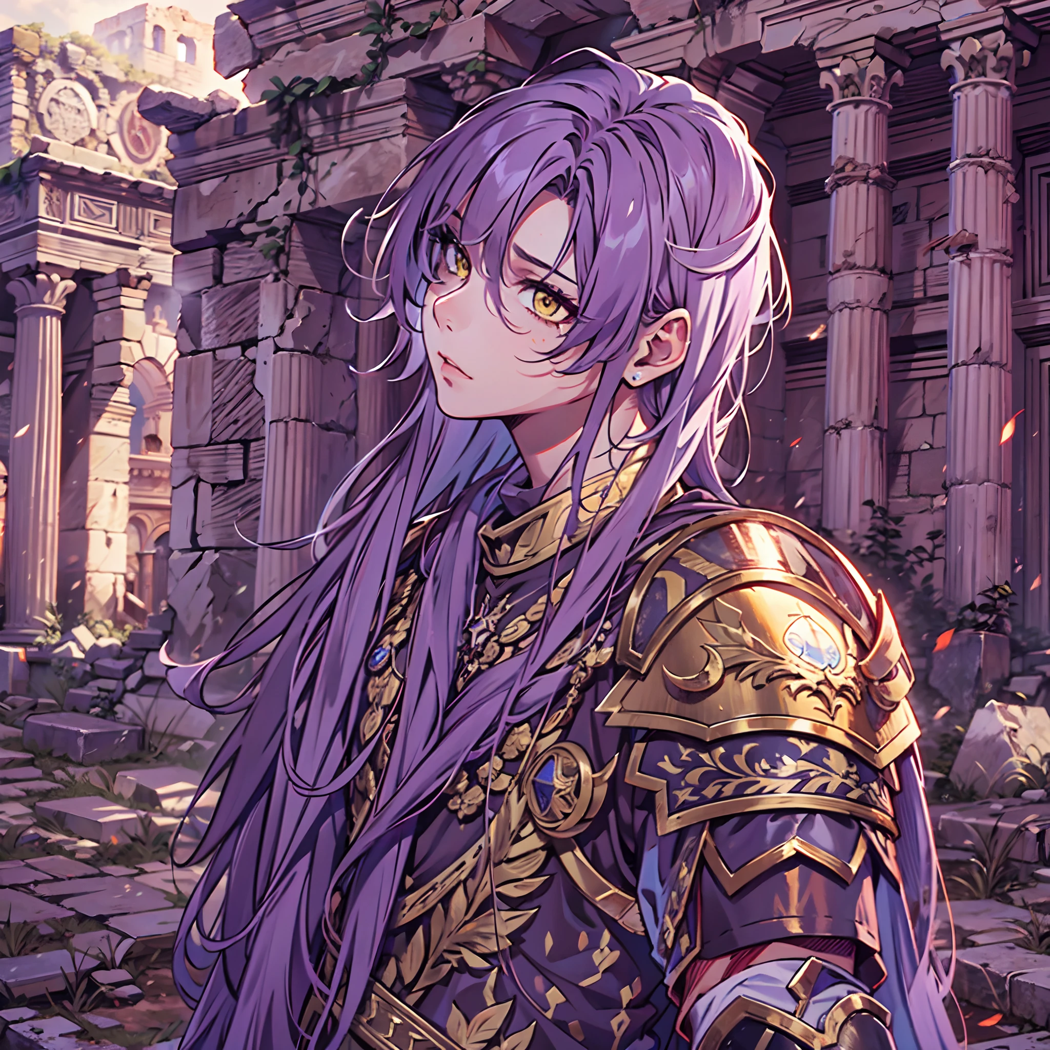 Ultra High Definition,
Ultra High Quality,
Hyper Definition,
Hyper Quality,
Hyper Detailed,
Extremely Detailed,
Perfectly Detailed,
8k,
1 Boy,
Anime,
Long Purple Hair,
Under Cut Hairstyle,
Solid Yellow Eyes,
Handsome,
Armored With Roman Emperor Armor,
Ancient Roman Empire Ruins Background,