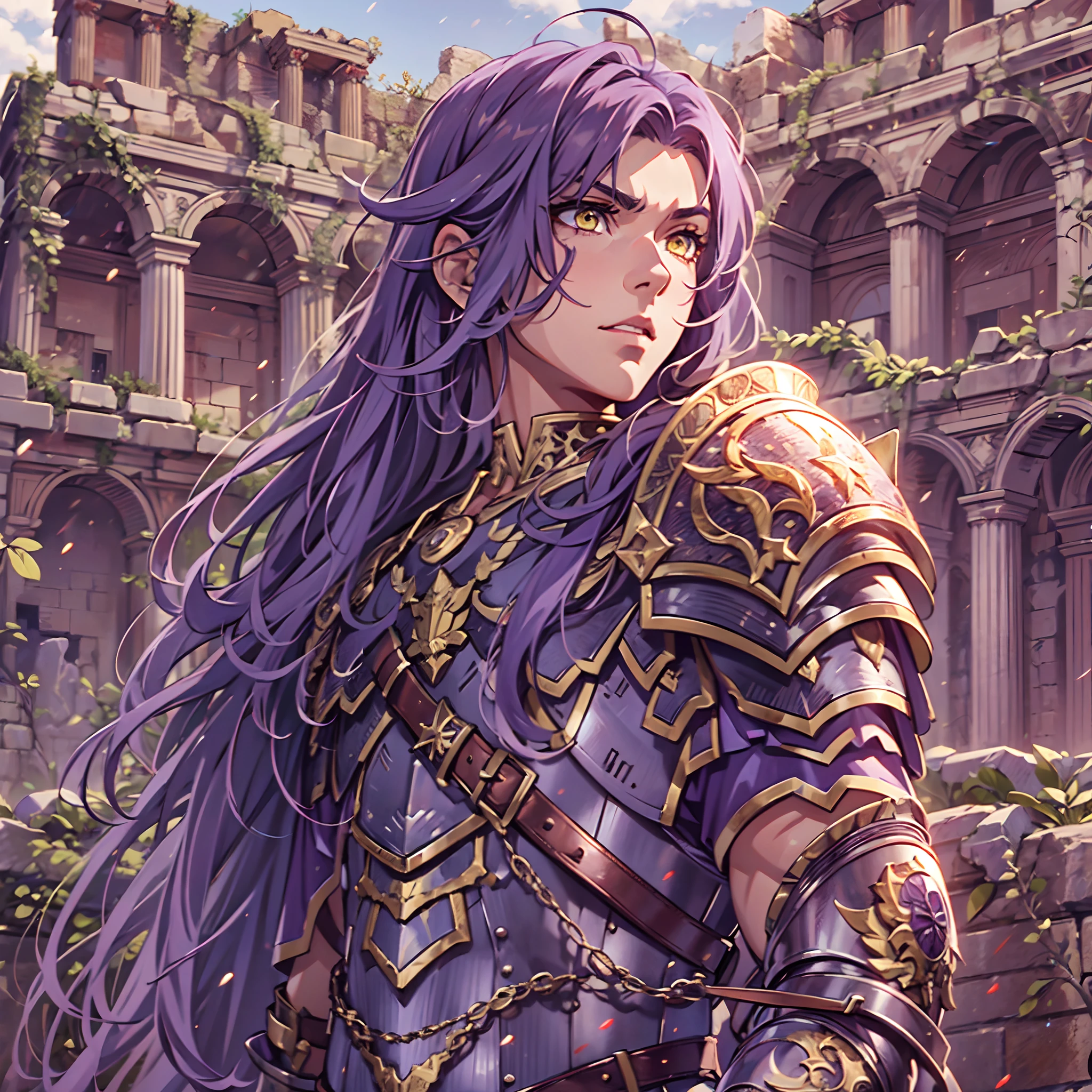 Ultra High Definition,
Ultra High Quality,
Hyper Definition,
Hyper Quality,
Hyper Detailed,
Extremely Detailed,
Perfectly Detailed,
8k,
1 Boy,
Anime,
Long Purple Hair,
Under Cut Hairstyle,
Solid Yellow Eyes,
Handsome,
Armored With Roman Emperor Armor,
Ancient Roman Empire Ruins Background,