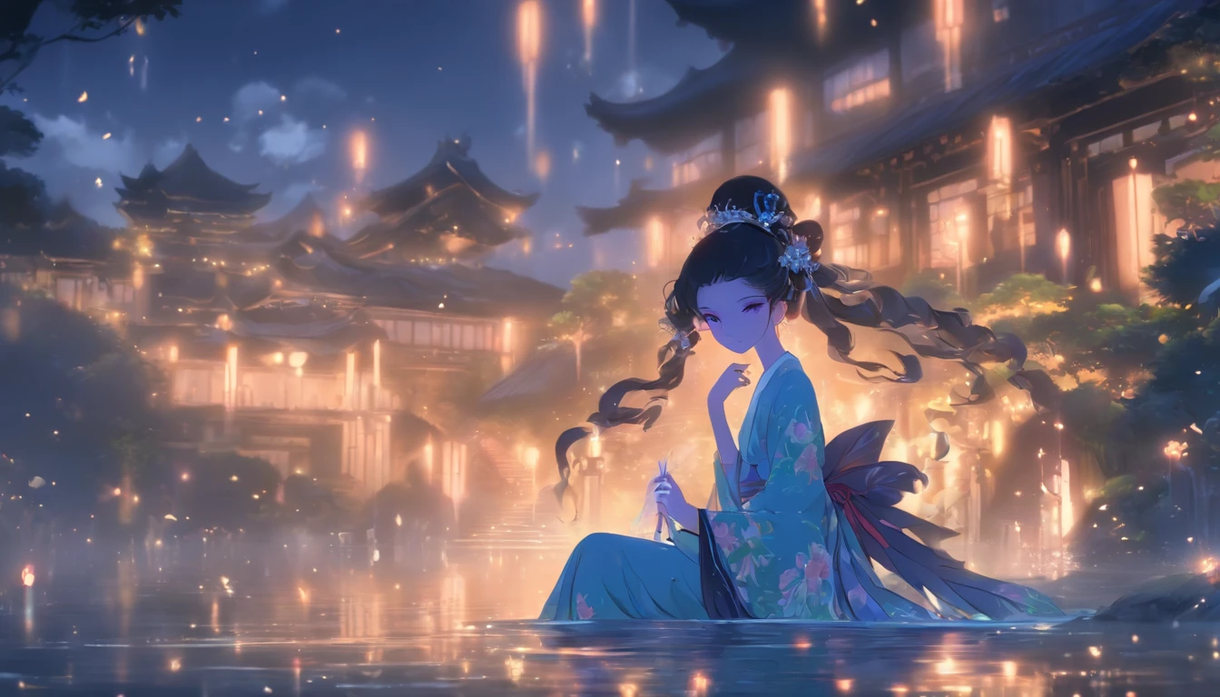 (Masterpiece, Best quality), 1girll(atenea_Asamiya Palace), Cute dress, Long black hair, Sitting, Beautiful outdoor background, Night, forest，highly detailed surreal vfx，China ink painting，water ink，ink，Smudge，downpours，Get wet，China-style，中景 the scene is，super-fine，ultra - detailed，high qulity，8K ，Sharply focus the eyes，中景 the scene is，Full body like，oc rendered