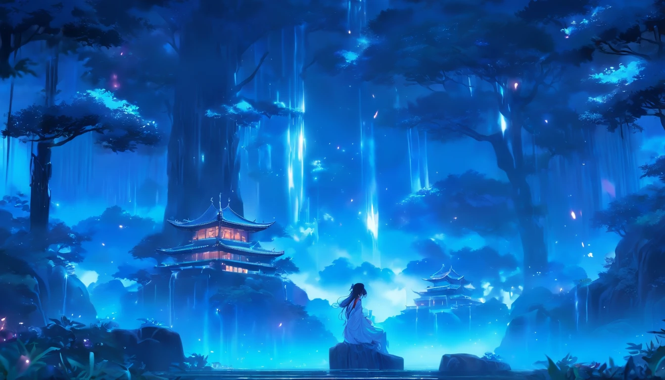 (Masterpiece, Best quality), 1girll(atenea_Asamiya Palace), Cute dress, Long black hair, Sitting, Beautiful outdoor background, Night, forest，highly detailed surreal vfx，China ink painting，water ink，ink，Smudge，downpours，Get wet，China-style，中景 the scene is，super-fine，ultra - detailed，high qulity，8K ，Sharply focus the eyes，中景 the scene is，Full body like，oc rendered