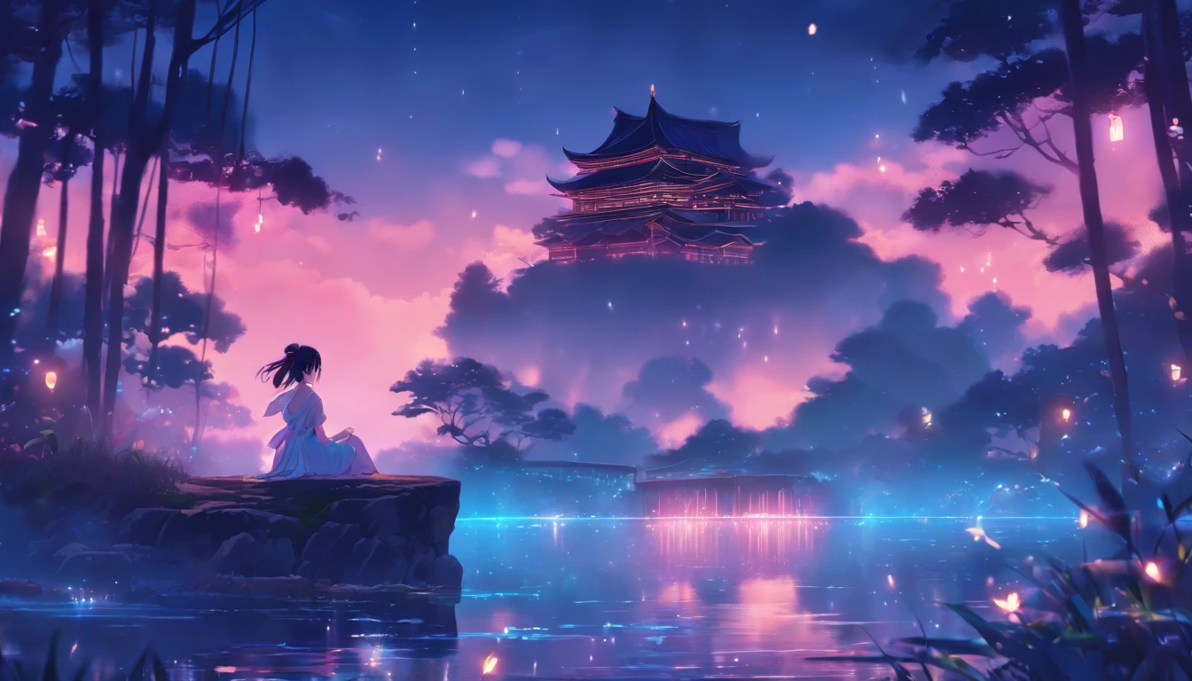 (Masterpiece, Best quality), 1girll(atenea_Asamiya Palace), Cute dress, Long black hair, Sitting, Beautiful outdoor background, Night, forest，highly detailed surreal vfx，China ink painting，water ink，ink，Smudge，downpours，Get wet，China-style，中景 the scene is，super-fine，ultra - detailed，high qulity，8K ，Sharply focus the eyes，中景 the scene is，Full body like，oc rendered