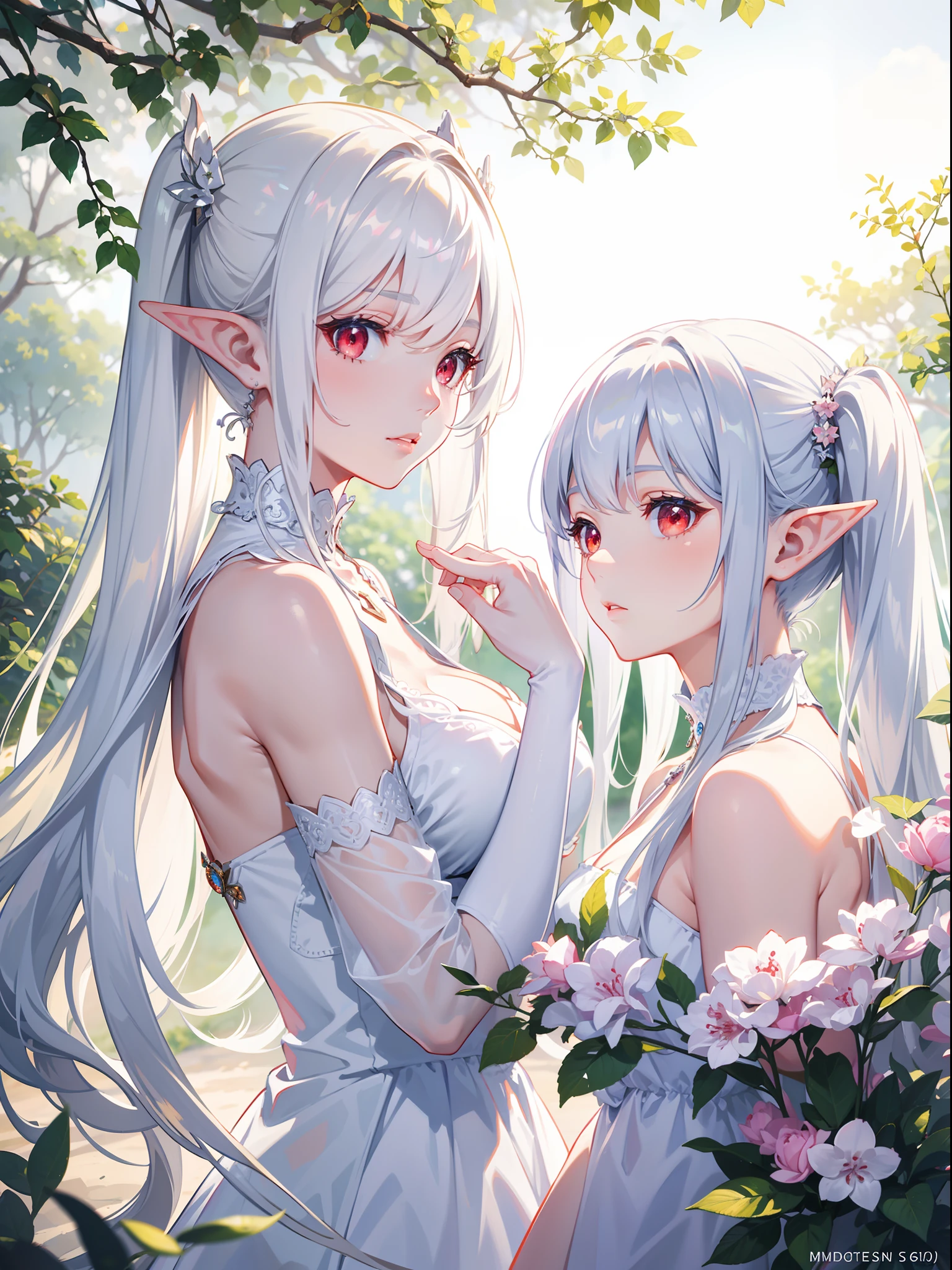 Masterpiece, Best Quality, Beautiful Lighting, Photorealism, Natural Environment, Silver Hair Twin Tails, White Skin, Red Eyes, Sleeveless, Fairy, White Dress, Elf, Perfect Hand