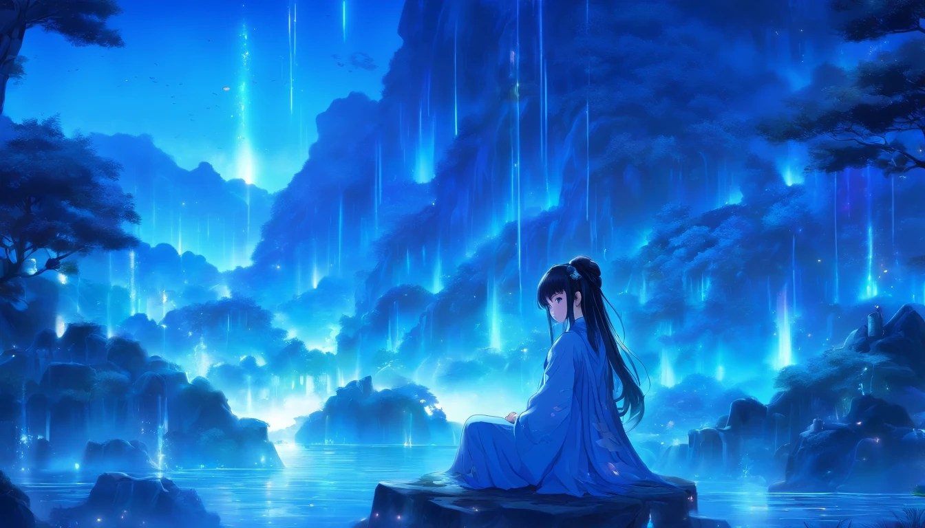 (Masterpiece, Best quality), 1girll(atenea_Asamiya Palace), Cute dress, Long black hair, Sitting, Beautiful outdoor background, Night, forest，highly detailed surreal vfx，China ink painting，water ink，ink，Smudge，downpours，Get wet，China-style，中景 the scene is，super-fine，ultra - detailed，high qulity，8K ，Sharply focus the eyes，中景 the scene is，Full body like，oc rendered