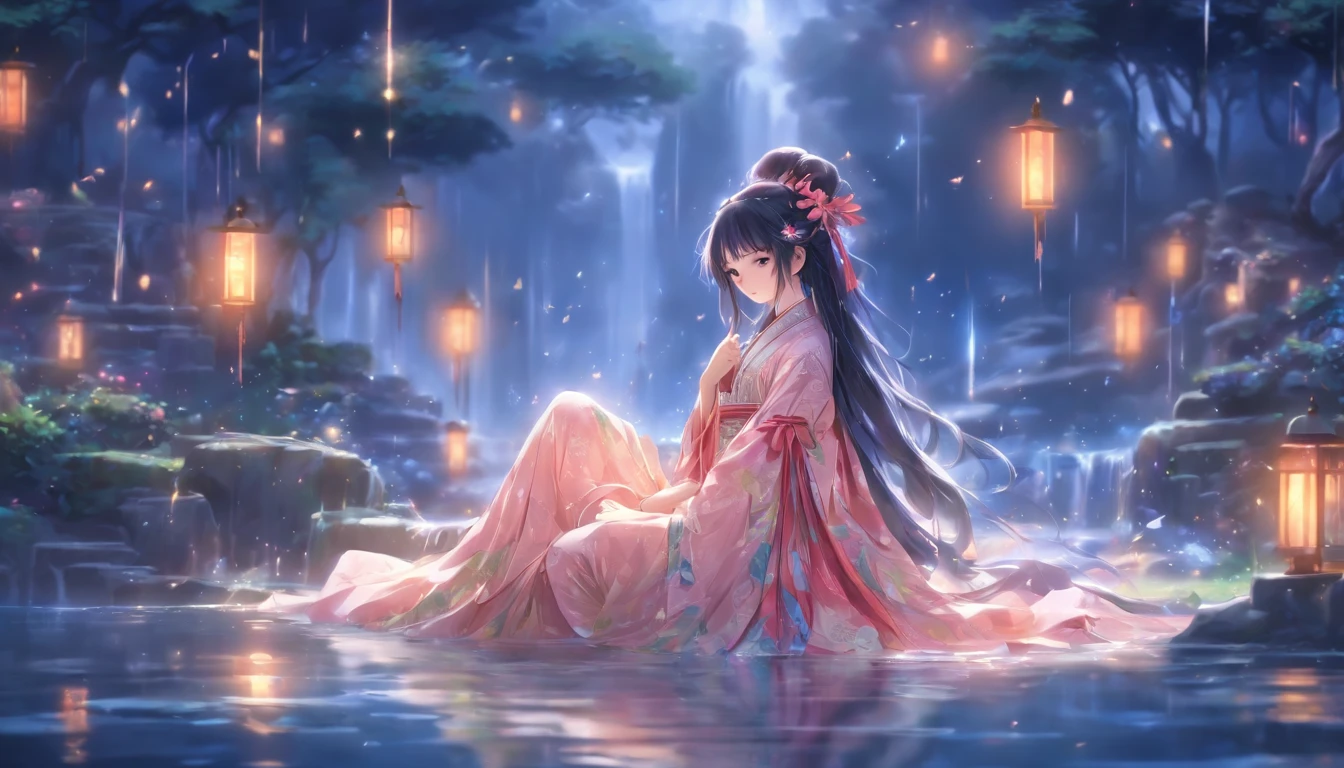 (Masterpiece, Best quality), 1girll(atenea_Asamiya Palace), Cute dress, Long black hair, Sitting, Beautiful outdoor background, Night, forest，highly detailed surreal vfx，China ink painting，water ink，ink，Smudge，downpours，Get wet，China-style，中景 the scene is，super-fine，ultra - detailed，high qulity，8K ，Sharply focus the eyes，中景 the scene is，Full body like，oc rendered