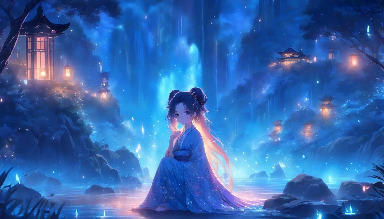(Masterpiece, Best quality), 1girll(atenea_Asamiya Palace), Cute dress, Long black hair, Sitting, Beautiful outdoor background, Night, forest,highly detailed surreal vfx,China ink painting,water ink,ink,Smudge,downpours,Get wet,China-style,中景 the scene is,super-fine,ultra - detailed,high qulity,8K ,Sharply focus the eyes,中景 the scene is,Full body like,oc rendered