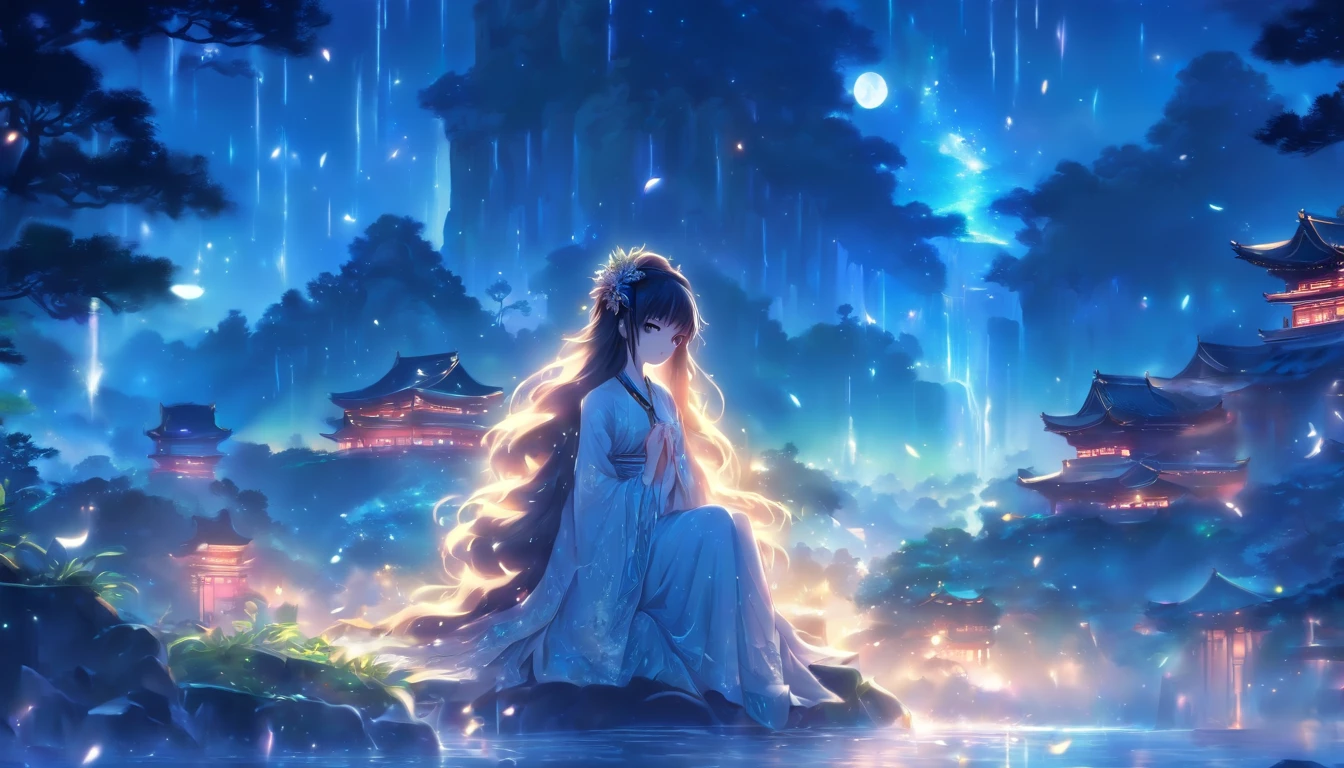 (Masterpiece, Best quality), 1girll(atenea_Asamiya Palace), Cute dress, Long black hair, Sitting, Beautiful outdoor background, Night, forest，highly detailed surreal vfx，China ink painting，water ink，ink，Smudge，downpours，Get wet，China-style，中景 the scene is，super-fine，ultra - detailed，high qulity，8K ，Sharply focus the eyes，中景 the scene is，Full body like，oc rendered