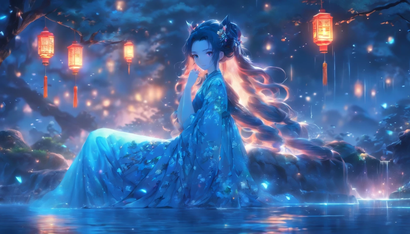 (Masterpiece, Best quality), 1girll(atenea_Asamiya Palace), Cute dress, Long black hair, Sitting, Beautiful outdoor background, Night, forest,highly detailed surreal vfx,China ink painting,water ink,ink,Smudge,downpours,Get wet,China-style,中景 the scene is,super-fine,ultra - detailed,high qulity,8K ,Sharply focus the eyes,中景 the scene is,Full body like,oc rendered