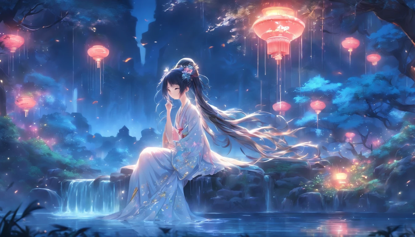(Masterpiece, Best quality), 1girll(atenea_Asamiya Palace), Cute dress, Long black hair, Sitting, Beautiful outdoor background, Night, forest,highly detailed surreal vfx,China ink painting,water ink,ink,Smudge,downpours,Get wet,China-style,中景 the scene is,super-fine,ultra - detailed,high qulity,8K ,Sharply focus the eyes,中景 the scene is,Full body like,oc rendered