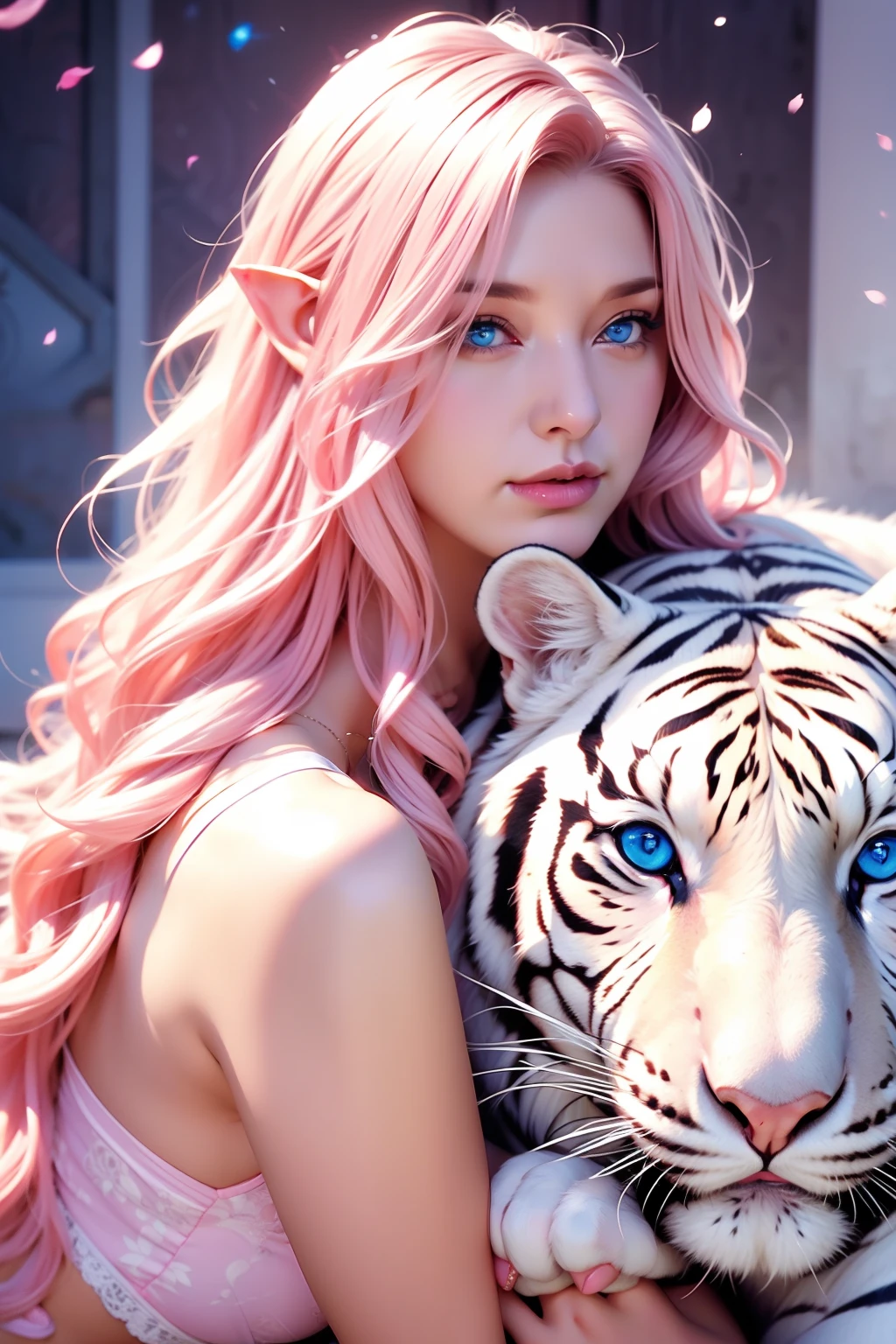 A white tiger near the woman, a woman, long curly hair, pink hair, blue eyes, elf