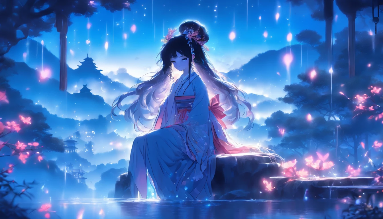 (Masterpiece, Best quality), 1girll(atenea_Asamiya Palace), Cute dress, Long black hair, Sitting, Beautiful outdoor background, Night, forest,highly detailed surreal vfx,China ink painting,water ink,ink,Smudge,downpours,Get wet,China-style,中景 the scene is,super-fine,ultra - detailed,high qulity,8K ,Sharply focus the eyes,中景 the scene is,Full body like,oc rendered