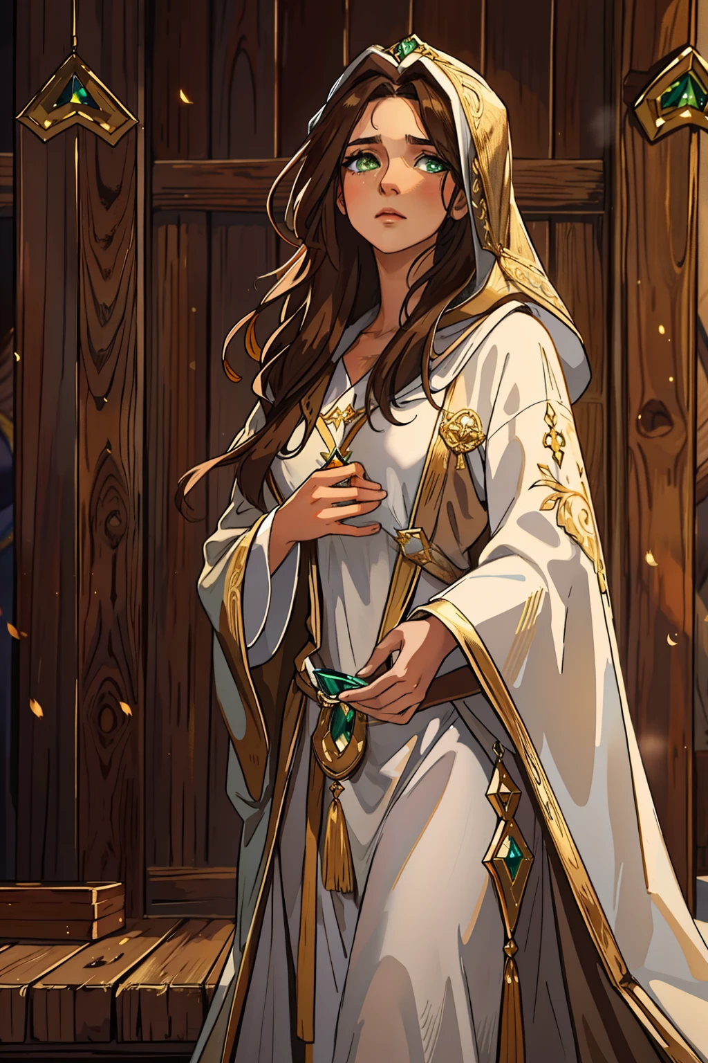 A beautiful sexy woman with green eyes and brown hair is a sorceress Wizard dressed in white and gold robes A princess of magic and a sad look. A background with a dramatic wooden wall An art for an RPG A medieval art for an RPG (melhor qualidade)