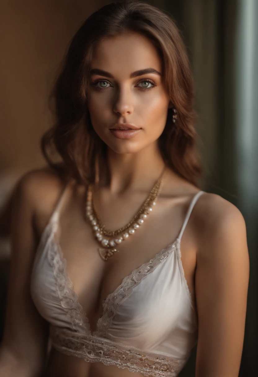 Arafed woman with white tank top and necklace, Sexy girl with green eyes, portrait sophie mudd, aufgenommen mit Sony A7 III, brown hair and big eyes, Selfie einer jungen Frau, Augen im Schlafzimmer, Violet Myers, ohne Make-up, Natural makeup, Blick direkt in die Kamera, Gesicht mit Artgram, dezentes Make-up, Stunning full body shot, piercing green eyes, Nice angle, attraktive Pose, Cute girl, sexy Pose, Full body image, full entire body, full body shoot, brunette goddess, Hohe Detailgenauigkeit, Zufriedene Pose, Lederhose