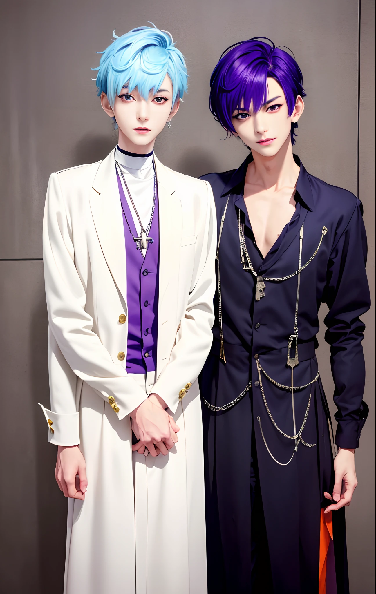 ​masterpiece, top-quality, 2Others, Male couple, 1 man and 1,, Adults, Height difference, different fashion, different color, finely eye and detailed face, intricate detailes, Naked, Casual clothing, white backgrounid, A smile, Happiness, tenderness, queers, Boys Love, high-level image quality、 selfee, Two beautiful men、tall、The upper part of the body、nightfall、nighttime scene、𝓡𝓸𝓶𝓪𝓷𝓽𝓲𝓬、Korean Male, Idol Photos, Model photo, k pop, Professional Photos, Vampires, Korean fashion with black pants and white Y-shirt, Fedoman with necklace, inspired by Sim Sa-jeong, androgynous vampire, :9 detailed face: 8, extra detailed face, detailed punk hair, ((eyes are brown)) baggy eyes, Seductive. Highly detailed, semi realistic anime, Vampires, hyperrealistic , delicate androgynous prince, imvu, short hair above the ears, Man with short hair, With a purple-haired man with a wild expression, Man with light blue hair with gentle expression, ((With a short-haired man with bright purple hair)), ((Man with light blue hair)), Take off your shirt and pose