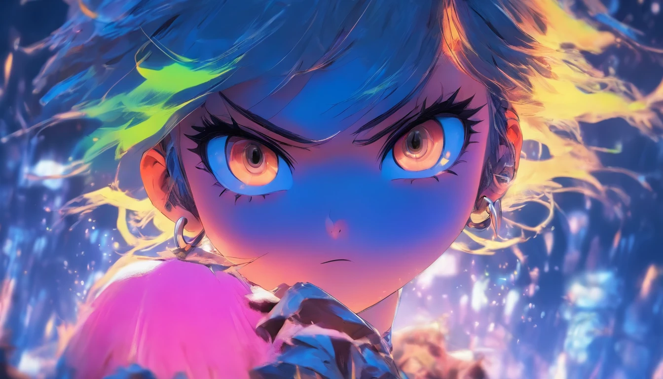 A beautiful creative background , JoJo's bizzare adventure , Dinamic , angry , exotic , extravagant , chaotic , (((masterpiece),(extremely detailed CG unity 8k wallpaper),best quality,,solo,1girl,cinematic lighting,detailed background,bright pupils, (an extremely delicate and beautiful),(Beautiful and detailed eye description), ultra-detailed,masterpiece,)),