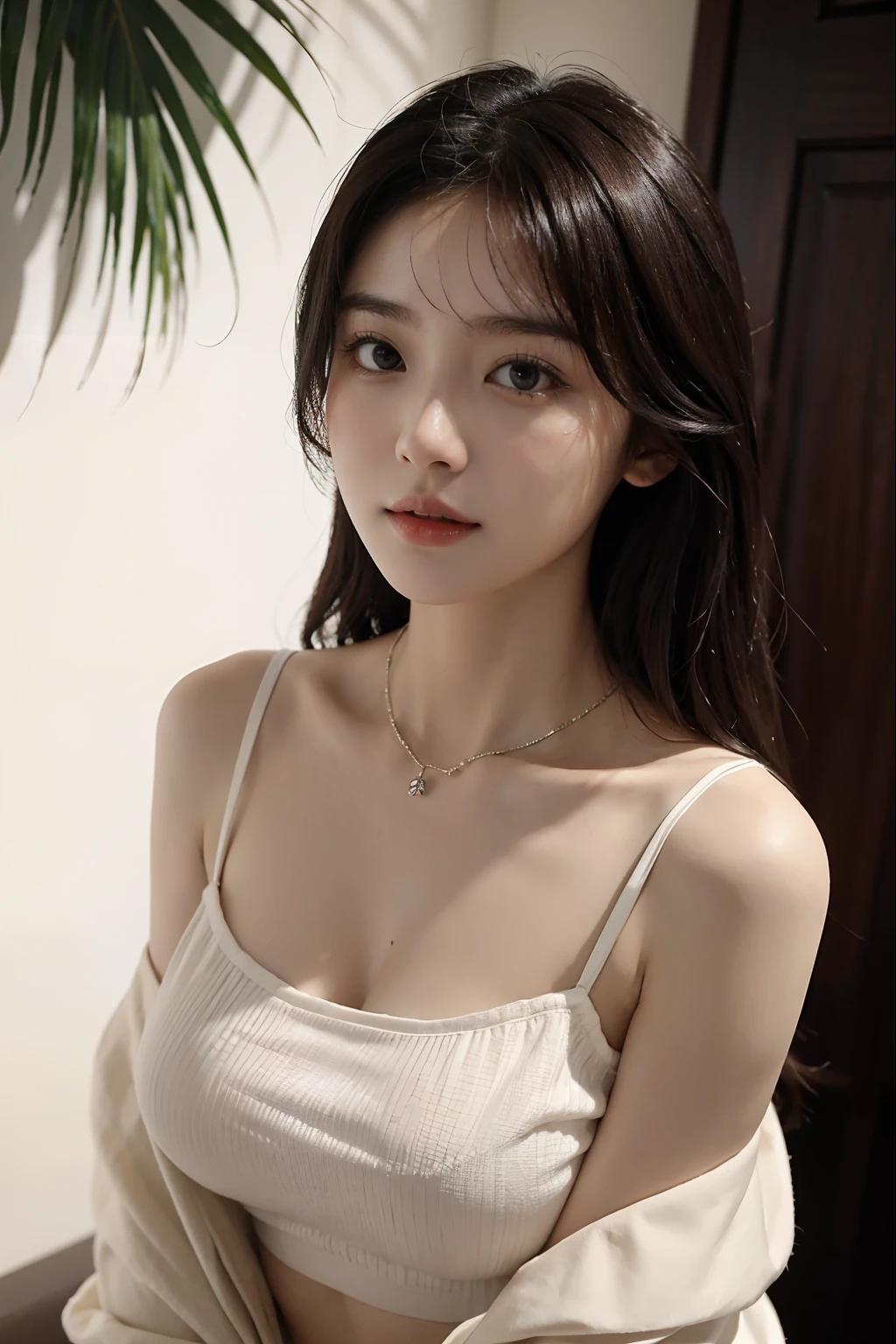 Best quality at best，Original，tmasterpiece，超高分辨率，Sweet girl，Draped with hair，Necklace necklace，camisole，medium boob，Hawaii，coconut palms，healed