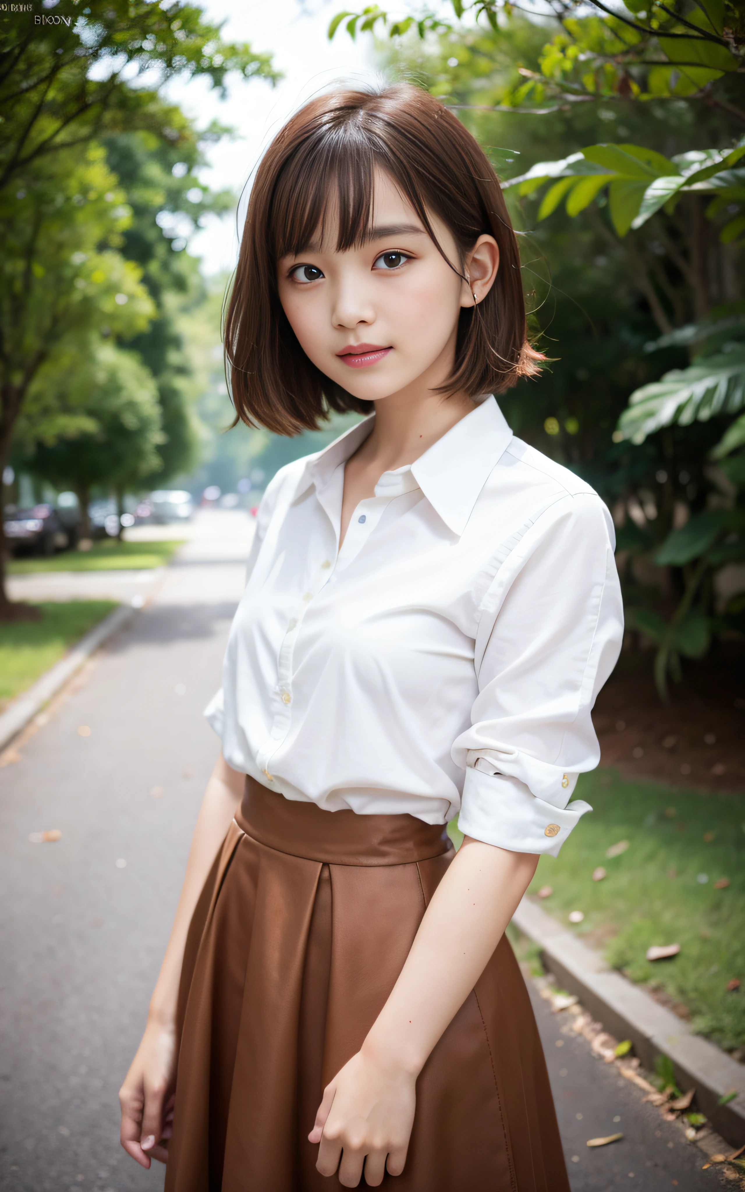 masterpiece, Best Quality, 8K, 1girl, good hand, yo, lively, active, life force, luminescence, Looking away, Raw photo, F/1.8, 135 mm, NIKON, Anatomically correct, bokeh,Textured skin, Professional Photography, Portrait, Soft light, Professional Lighting, Solo, (Smile), Cute, Girly, Film grain, (Eyes and faces with detailed:1.0), brown hair, short hair, bangs, 8k wallpaper, Silk Blouse, skirt, art museum, inside