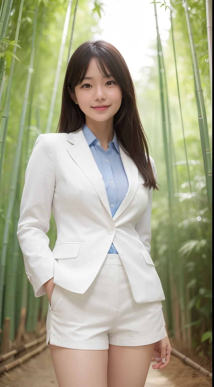 A smiling girl,While wearing a white Business suits,Super short blue denim shorts,Standing in a bamboo forest,com rosto detalhado,The eyes are delicate,The photo quality is the best,Realistic image quality,Background diffuse lighting,Depth of field display。