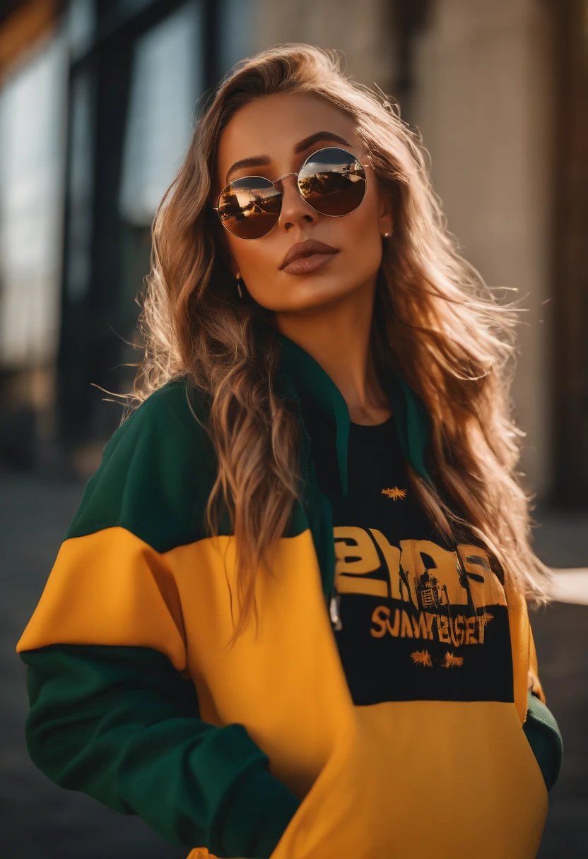 (front focus), (in the sun:1.6), Hyper-realistic portrait of a female hip-hop influencer, 25 bis 30 Jahre alt, Sommer-Vibes, Urban Style, sonnenverwöhnter Teint, poster, Frontalansicht, Portrait, dynamisches Licht, Streetwear, Graffiti-Hintergrund, detailed facial features, 4K, trendig, 1girl, in der Sonne, coole Streetwear, lockige Haare.