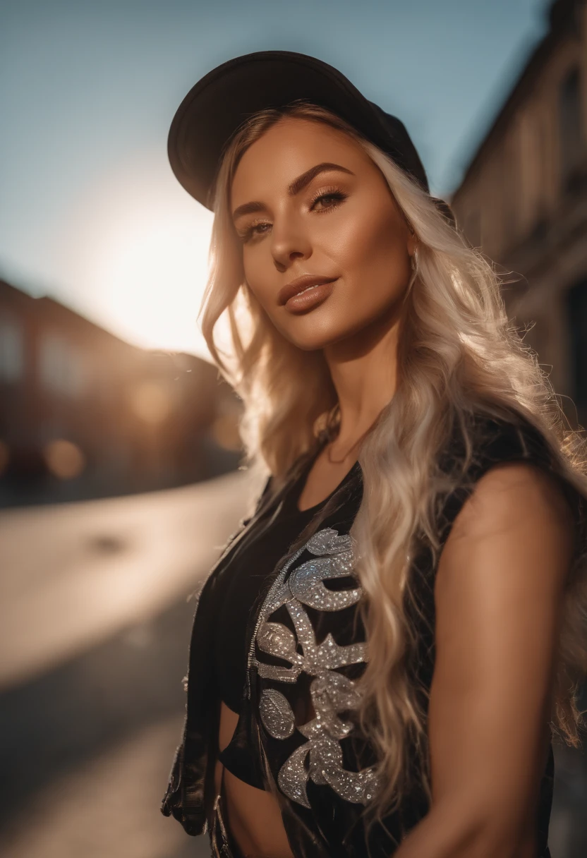 (front focus), (in the sun:1.6), Hyper-realistic portrait of a female hip-hop influencer, 25 bis 30 Jahre alt, Sommer-Vibes, Urban Style, sonnenverwöhnter Teint, poster, Frontalansicht, Portrait, dynamisches Licht, Streetwear, Graffiti-Hintergrund, detailed facial features, 4K, trendig, 1girl, in der Sonne, coole Streetwear, lockige Haare.