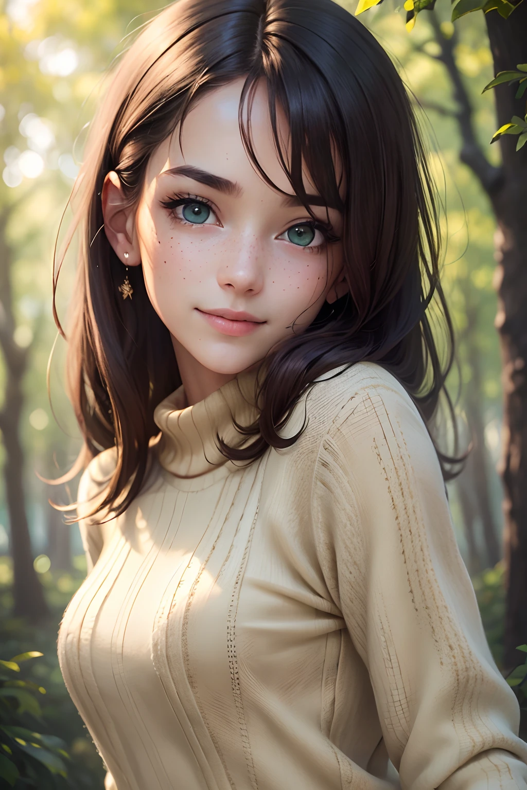 ((Best quality, 8k, Masterpiece :1.3)), 1girl, smiling, upper body and face, slim face, Pretty woman, freckles on face, zoomed in, freckles on body, green hazel eyes, green eyes, (Dark brown medium length hair), wearing a beige sweater, Ultra-detailed face, Detailed eyes, Double eyelid, blur background, slim face, forest, outside, trees
