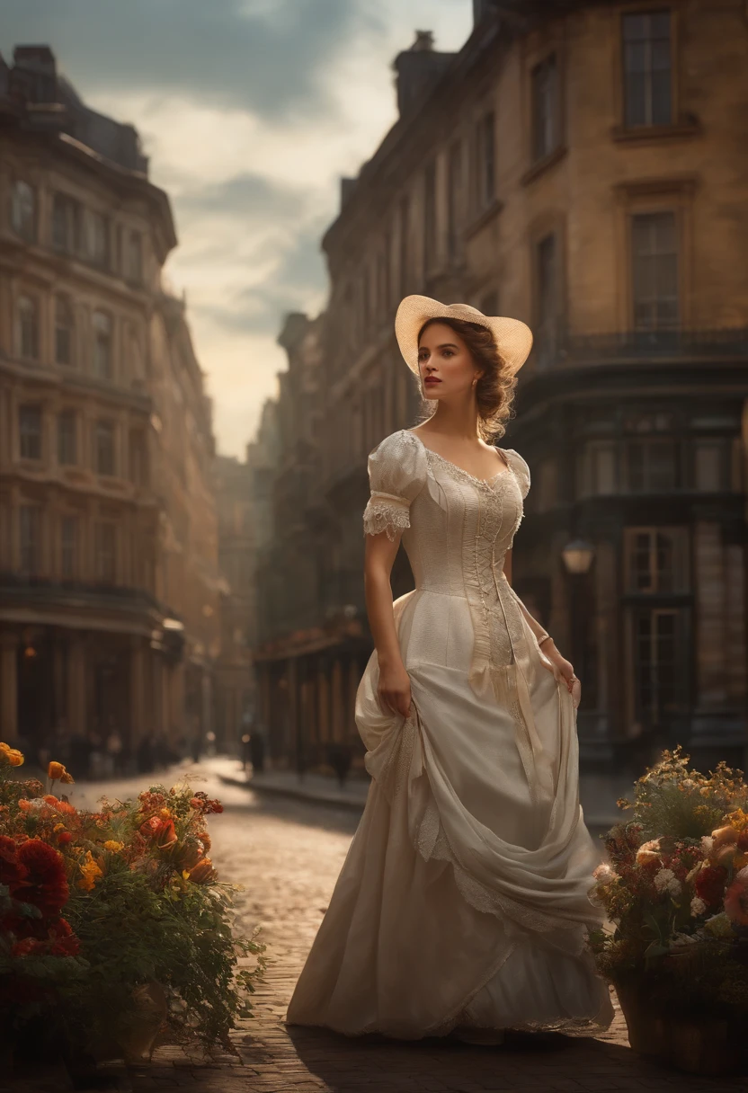 Produce a high-quality, ultra-detailed image reminiscent of a Victorian-era masterpiece. In this scene, depict a beautifully dressed woman from the 1900s, surrounded by the ambiance of a Victorian city. Emphasize the use of volumetric lighting that breaks through the scenery. Create a dynamic composition rich in detail and colors, including iridescent hues that bring a sense of magic to the scene. Craft an atmospheric, dreamy painting with a focus on Victorian-style watercolor techniques in turner style .