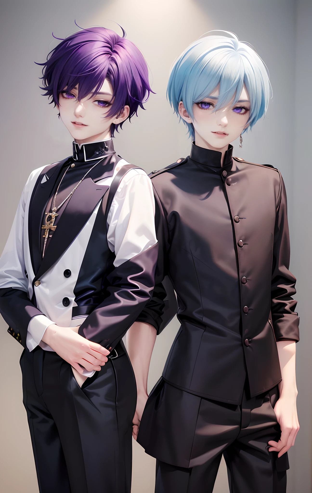 ​masterpiece, top-quality, 2Others, Male couple, 1 man and 1,, Adults, Height difference, different fashion, different color, finely eye and detailed face, intricate detailes, Naked, Casual clothing, white backgrounid, A smile, Happiness, tenderness, queers, Boys Love, high-level image quality、 selfee, Two beautiful men、tall、The upper part of the body、nightfall、nighttime scene、𝓡𝓸𝓶𝓪𝓷𝓽𝓲𝓬、Korean Male, Idol Photos, Model photo, k pop, Professional Photos, Vampires, Korean fashion with black pants and white Y-shirt, Fedoman with necklace, inspired by Sim Sa-jeong, androgynous vampire, :9 detailed face: 8, extra detailed face, detailed punk hair, ((eyes are brown)) baggy eyes, Seductive. Highly detailed, semi realistic anime, Vampires, hyperrealistic teen, delicate androgynous prince, imvu, short hair above the ears, Man with short hair, With a purple-haired man with a wild expression, Man with light blue hair with gentle expression, ((With a short-haired man with bright purple hair)), ((Man with light blue hair)), Take off your shirt and pose