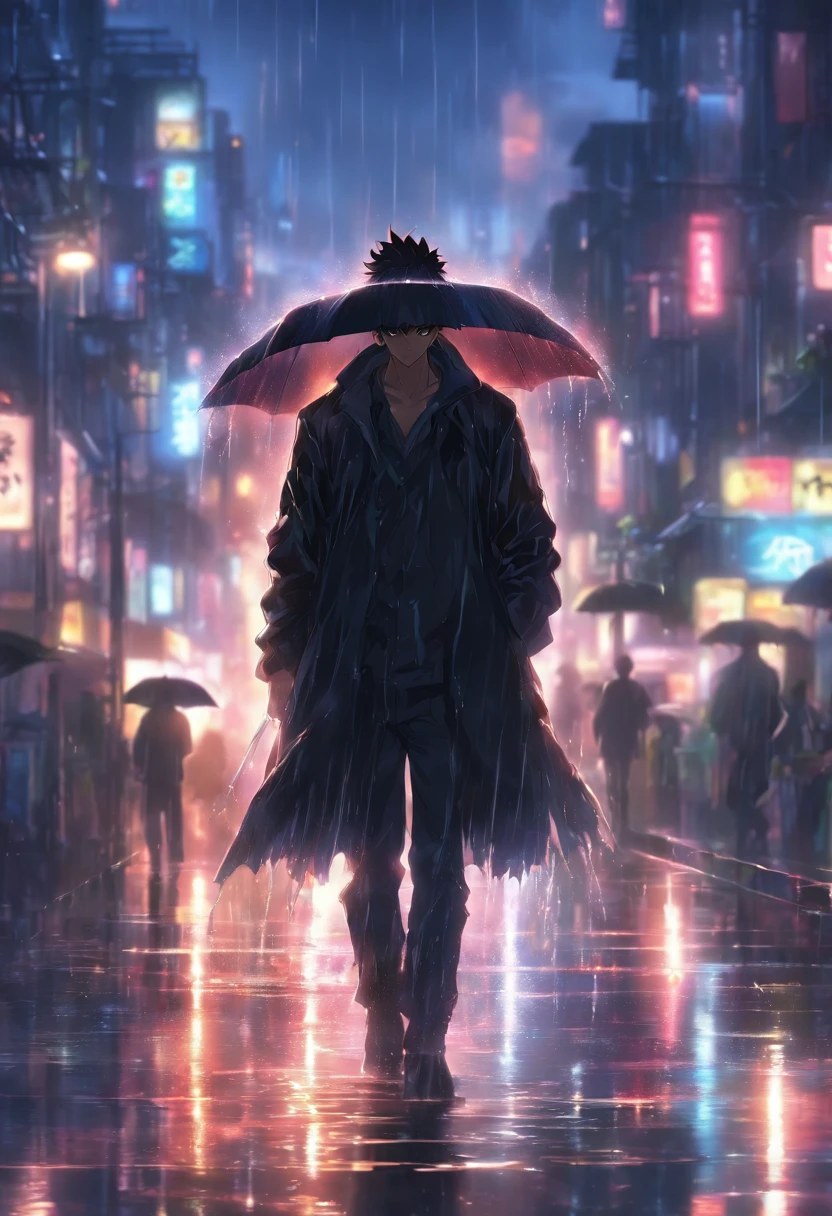 A man walking on a rainy day, ray tracing, wet black clothes, gloomy dark lighting, high-quality, ultra-detailed, realistic, dark portraits, HDR, intense colors, wet streets, reflections of lights in puddles, cinematic atmosphere.
